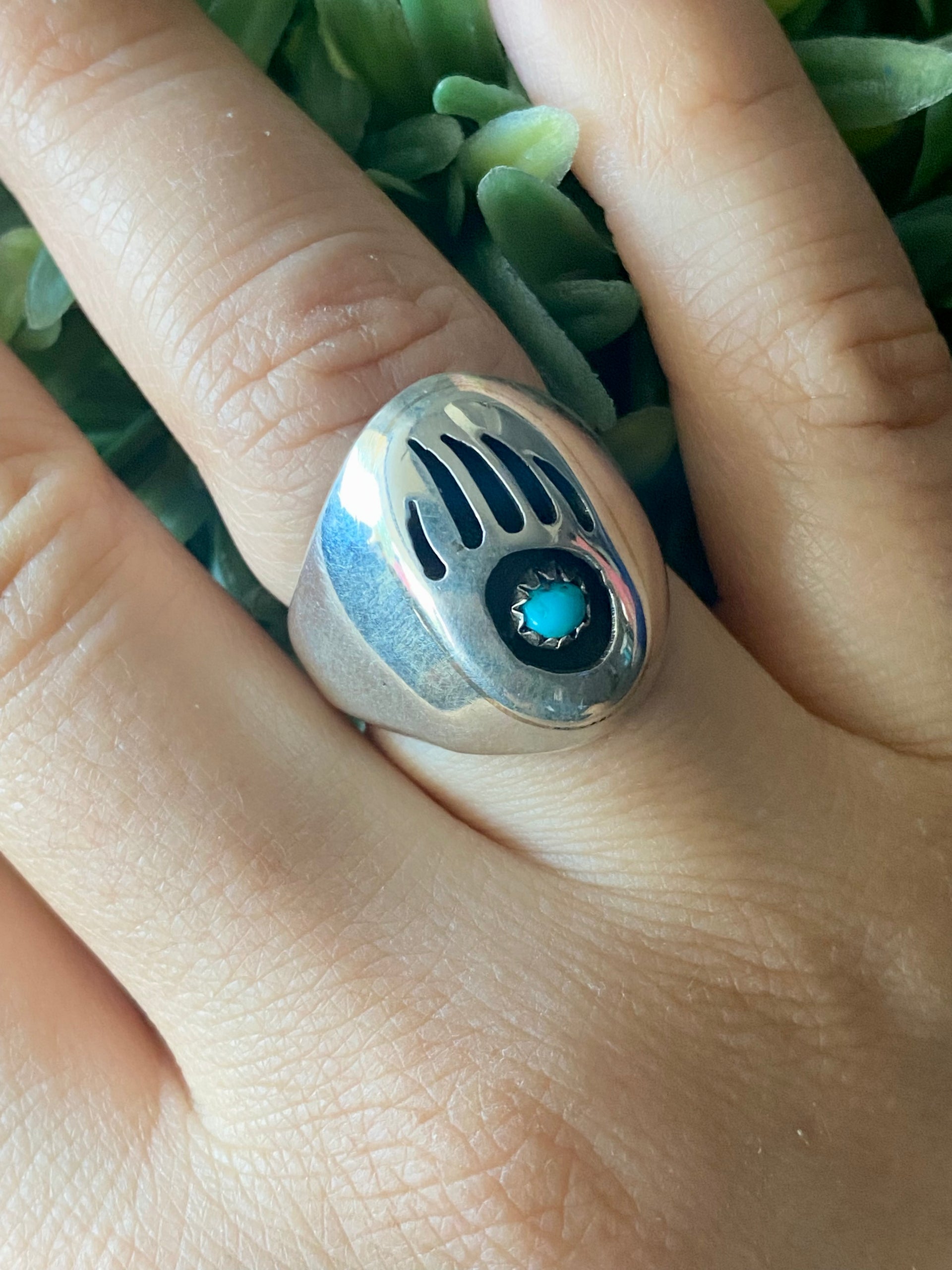Pearlene Spencer Kingman Turquoise & Sterling Silver Bear Claw Ring Size 11.75