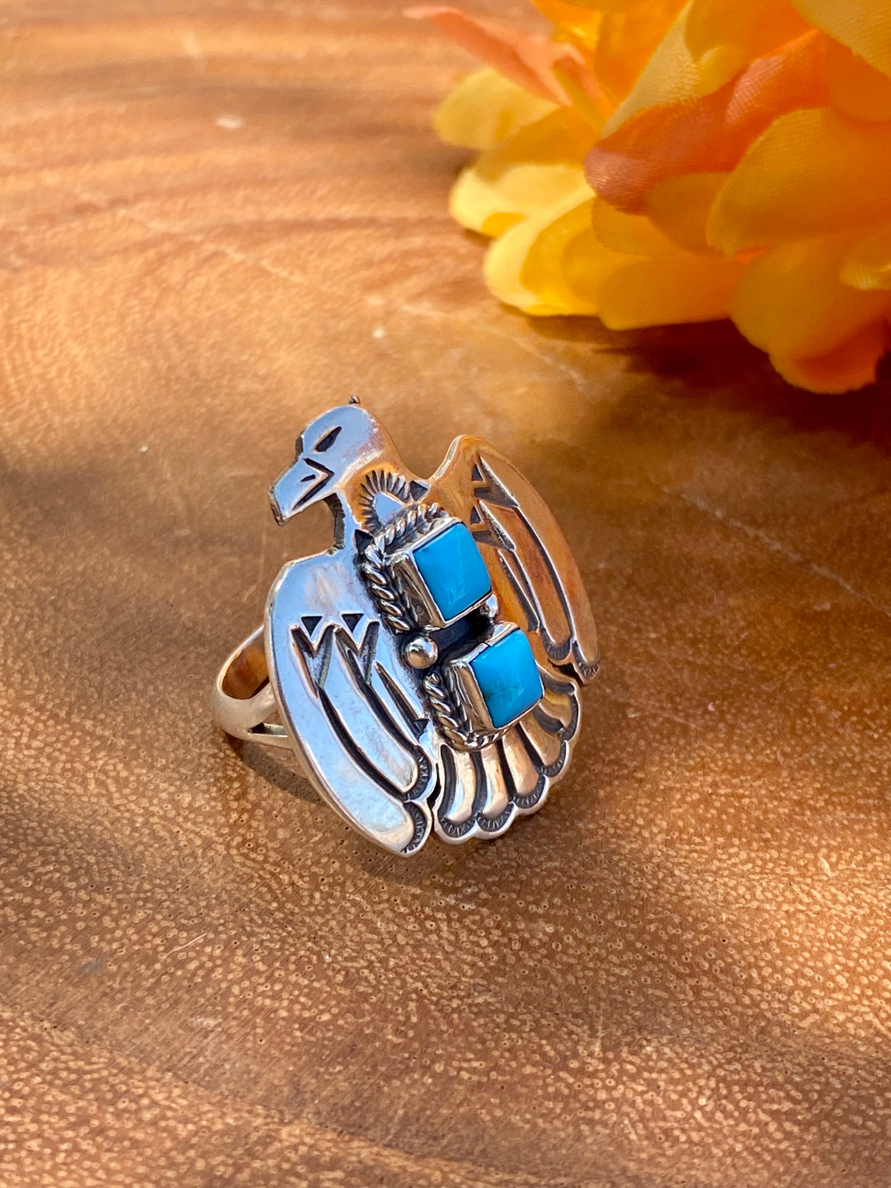 Navajo Made Sleeping Beauty Turquoise & Sterling Silver Thunderbird Ring Size 8