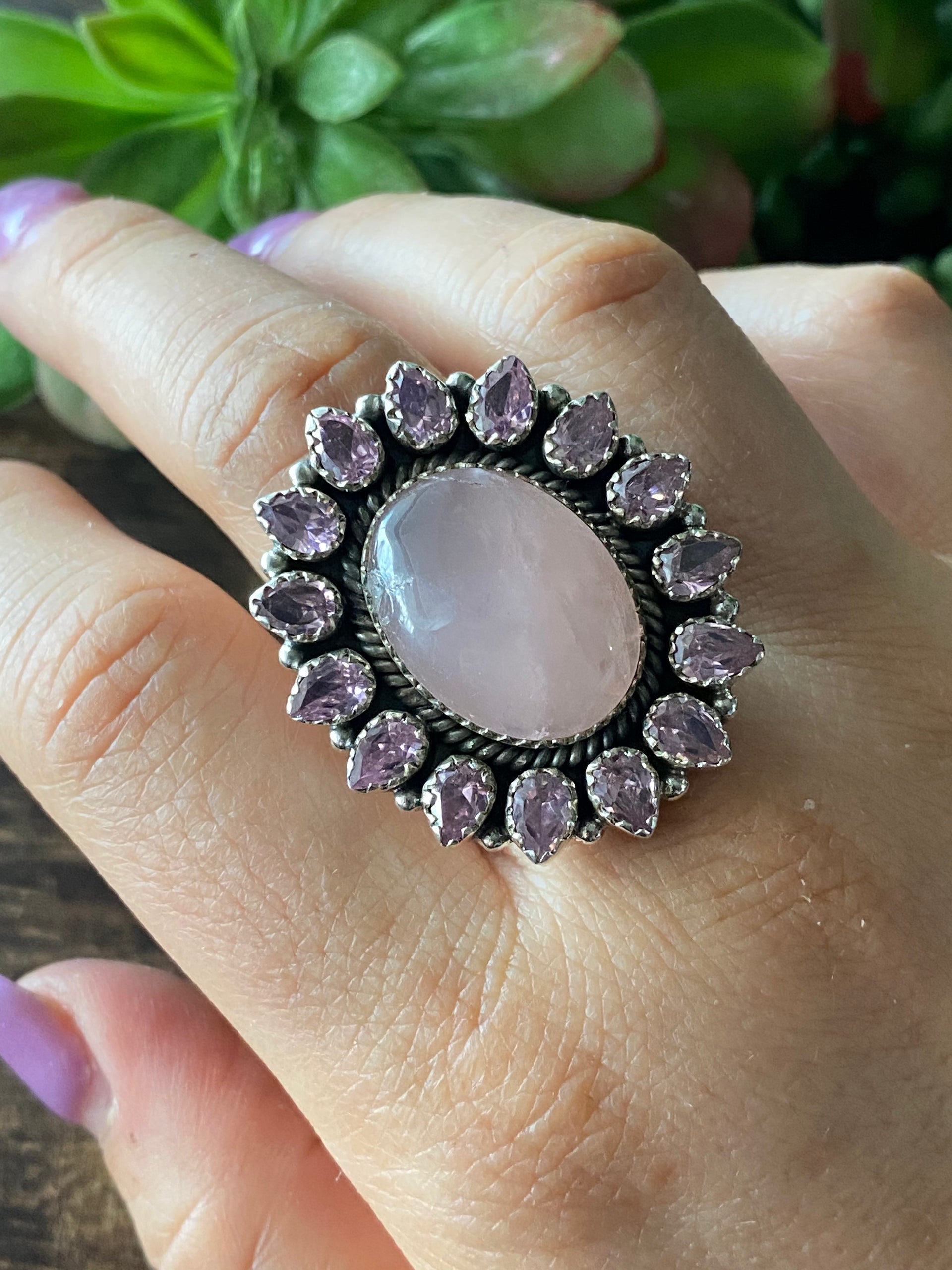 Southwest Handmade Rose Quartz & Tourmaline Sterling Silver Cluster Adjustable Ring Size 8.5