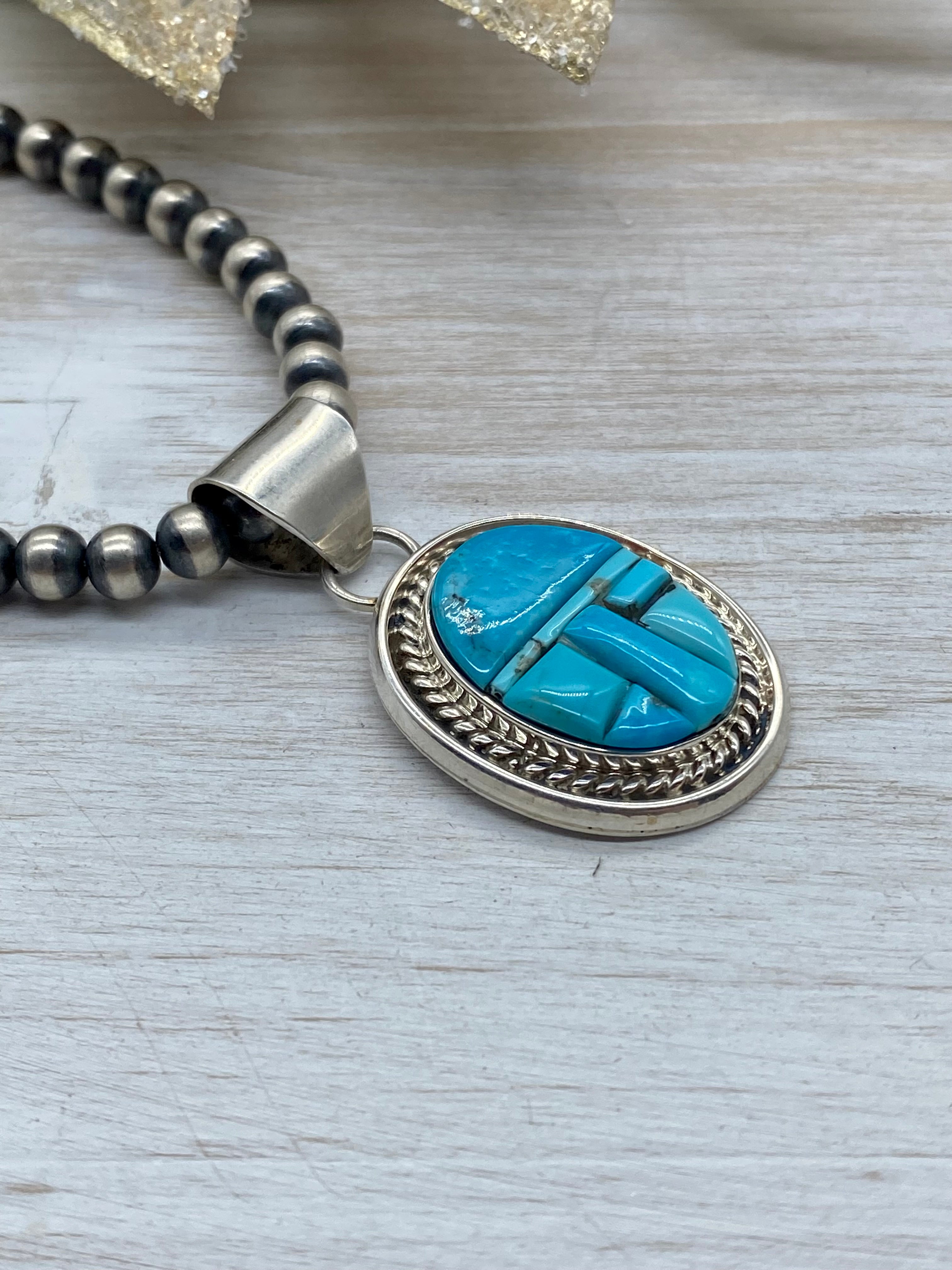 Navajo Made Kingman Turquoise & Sterling Silver Cobblestone Pendant