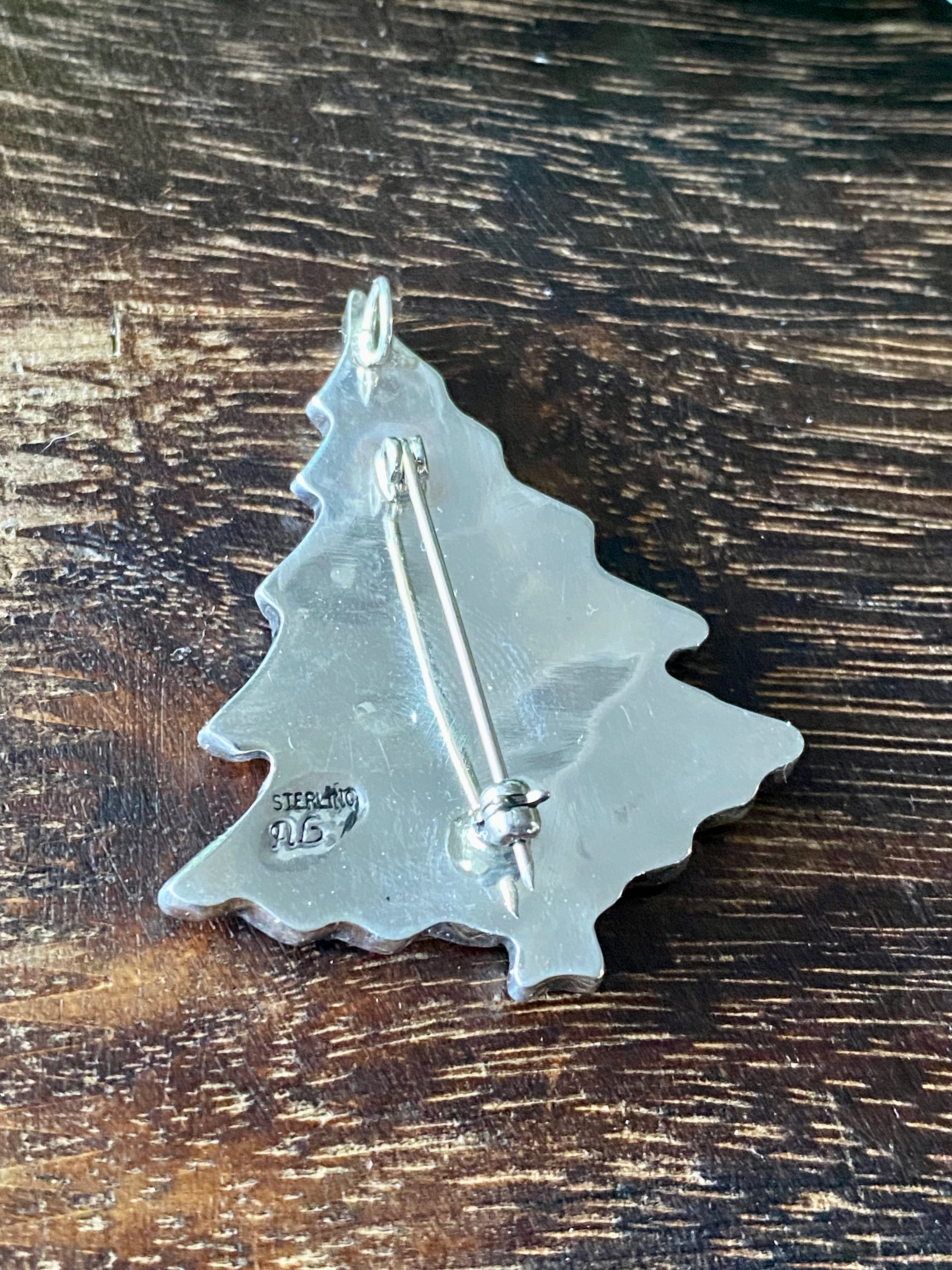 Navajo Made Multi Stone & Sterling Silver Inlay Christmas Tree Pin/Pendant