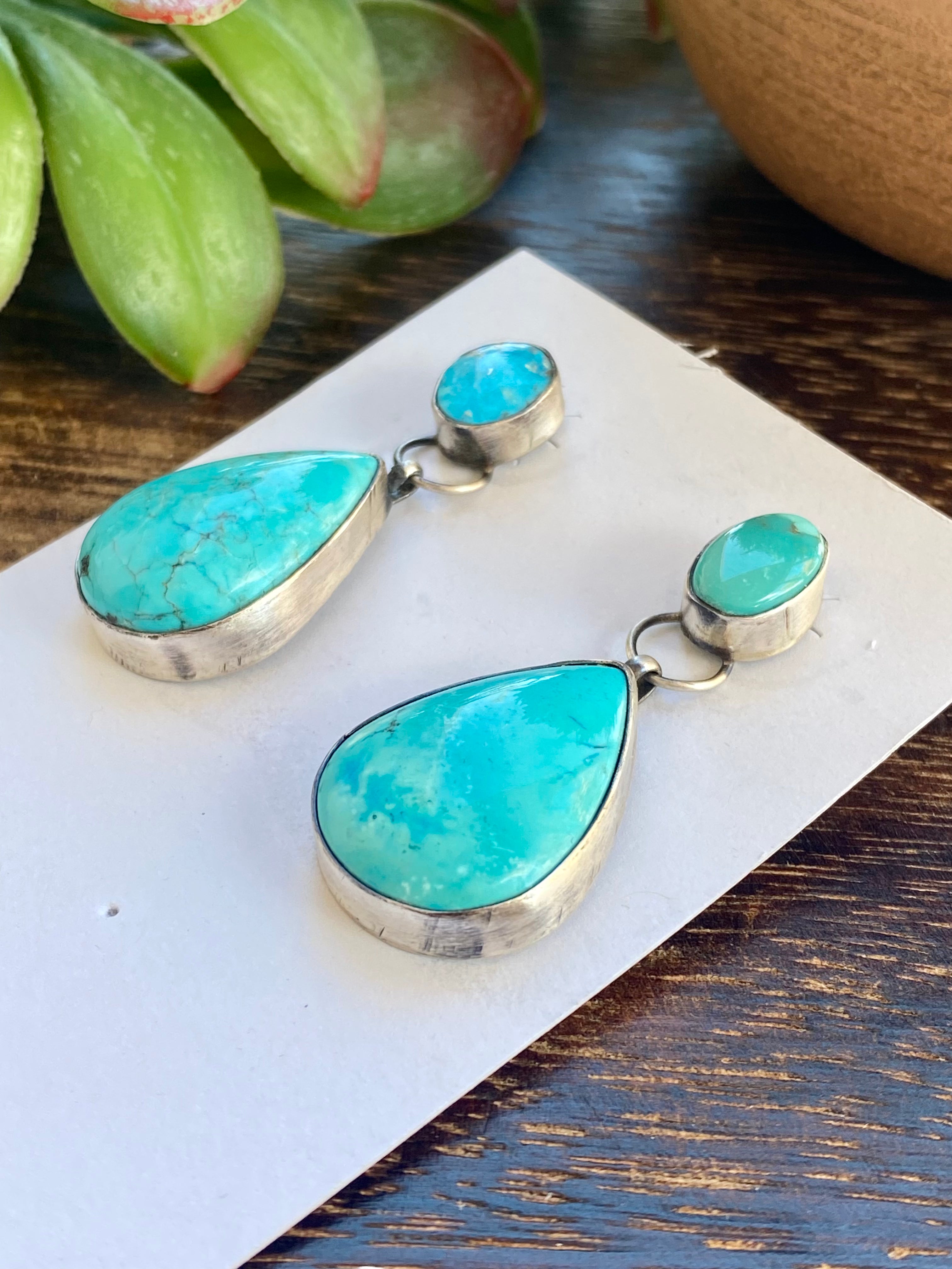 Navajo Made Royston Turquoise & Sterling Silver Post Dangle Earrings