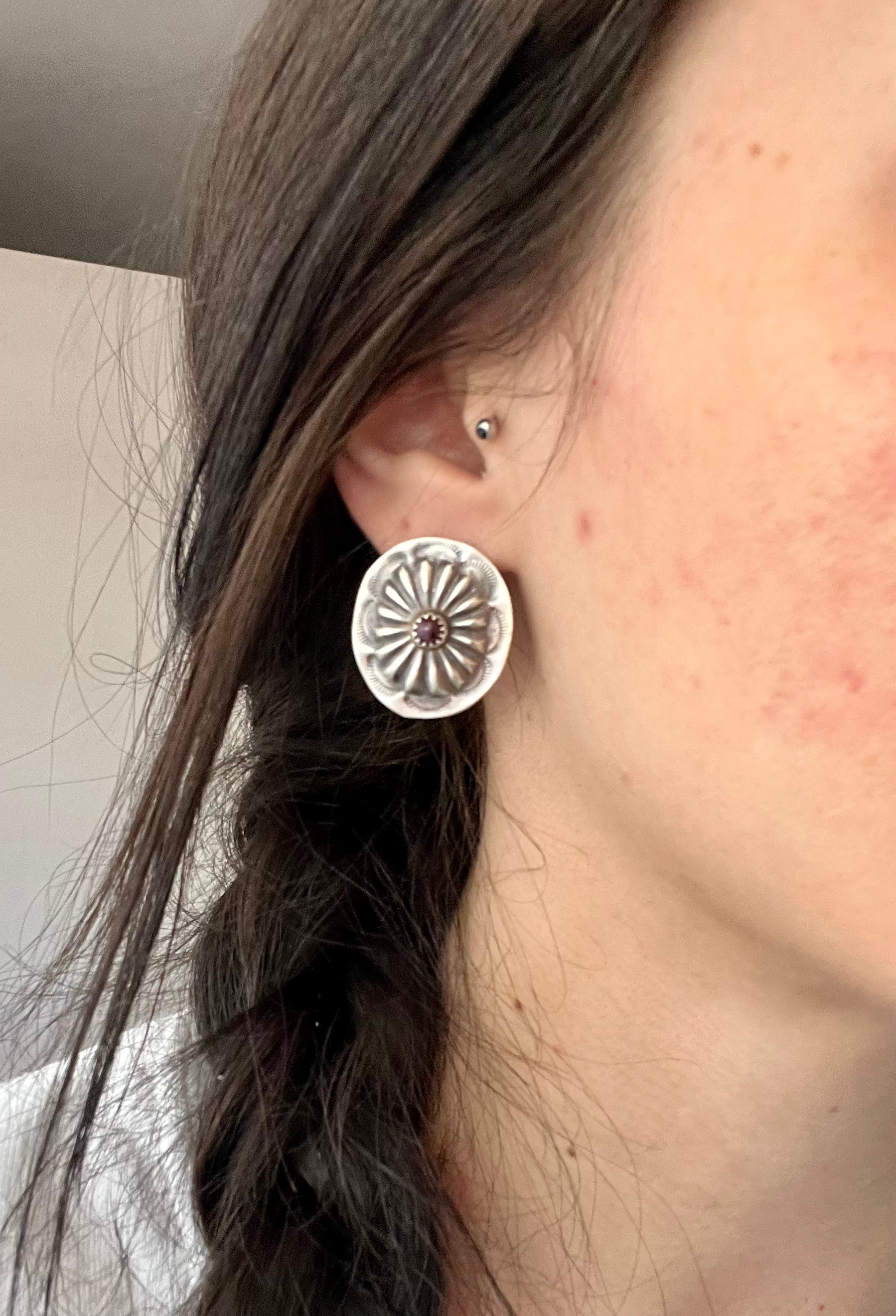 Navajo Made Purple Spiny Oys & Sterling Silver Post Concho Earrings