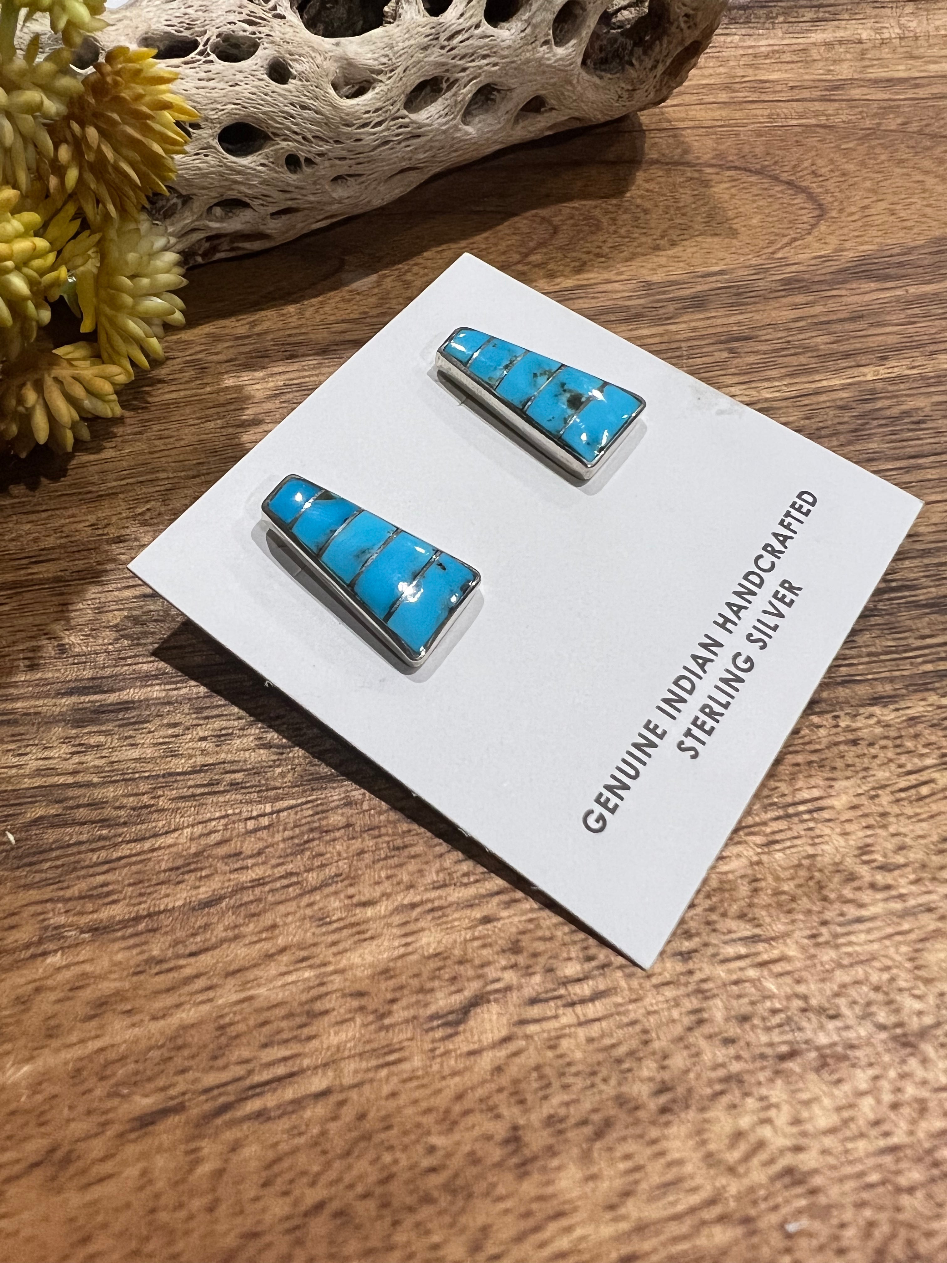 Zuni Made Kingman Turquoise & Sterling Silver Inlay Post Earrings