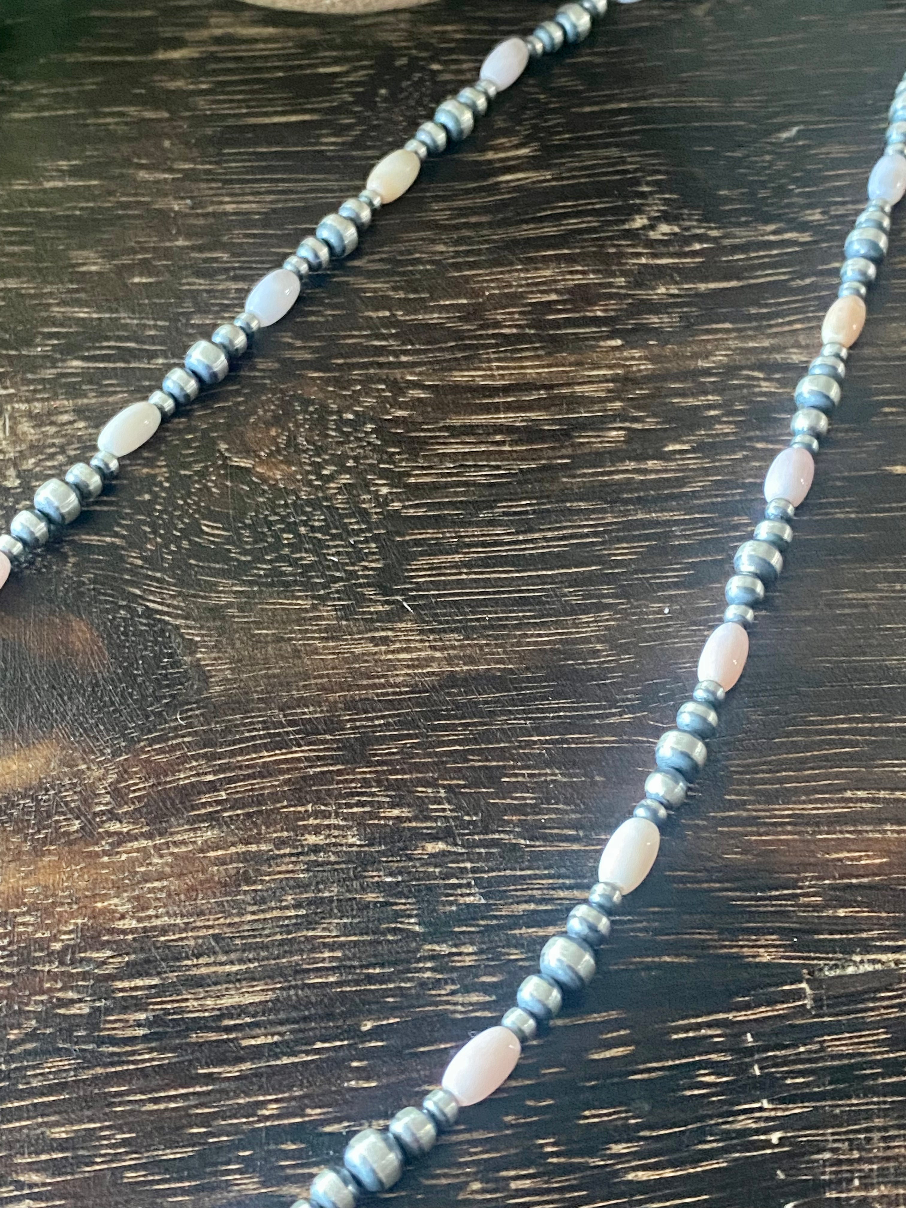Navajo Made Pink Opal & Sterling Silver Graduated Pearl Necklace
