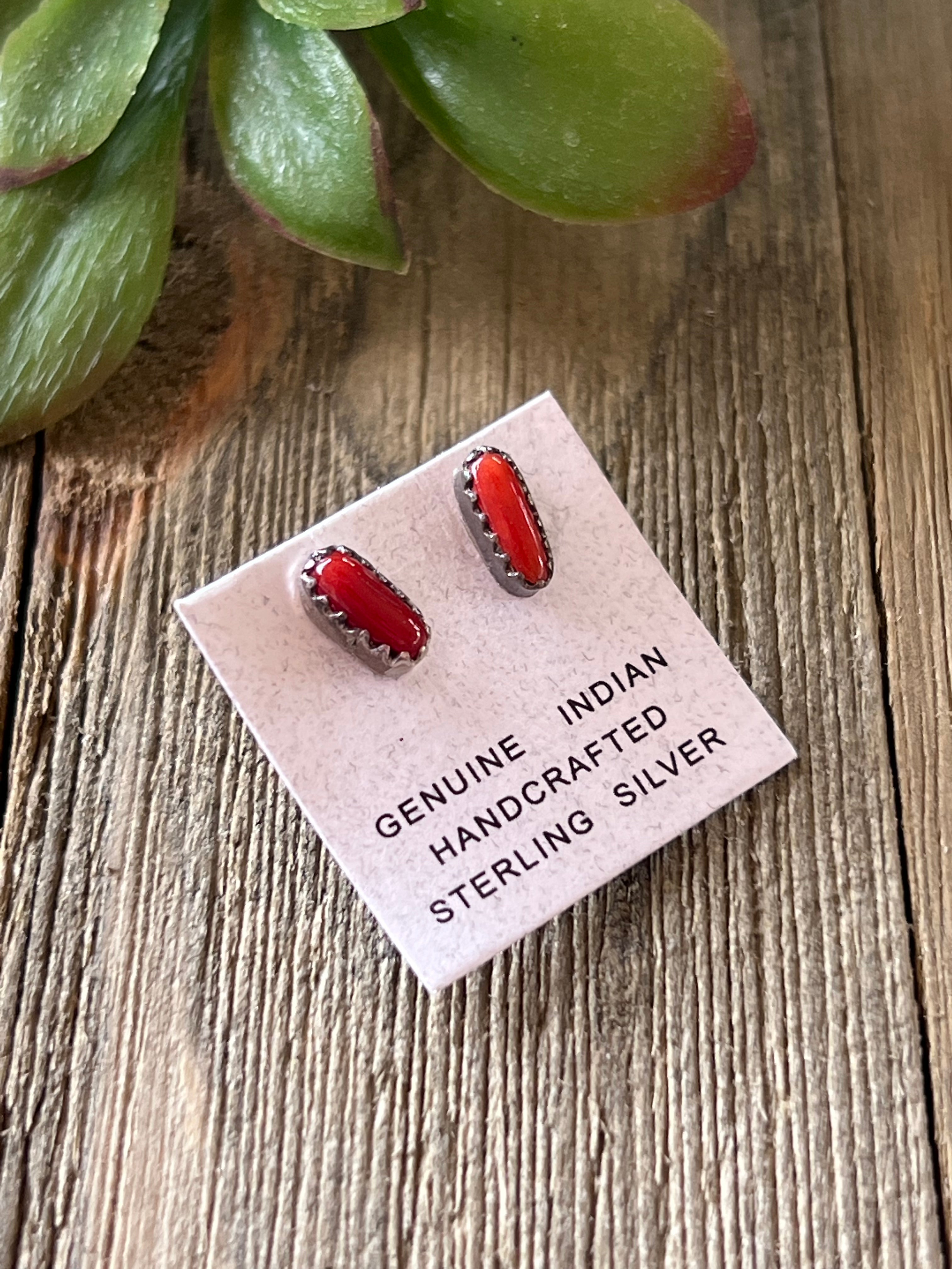 Navajo Made Mediterranean Coral & Sterling Silver Post Earrings