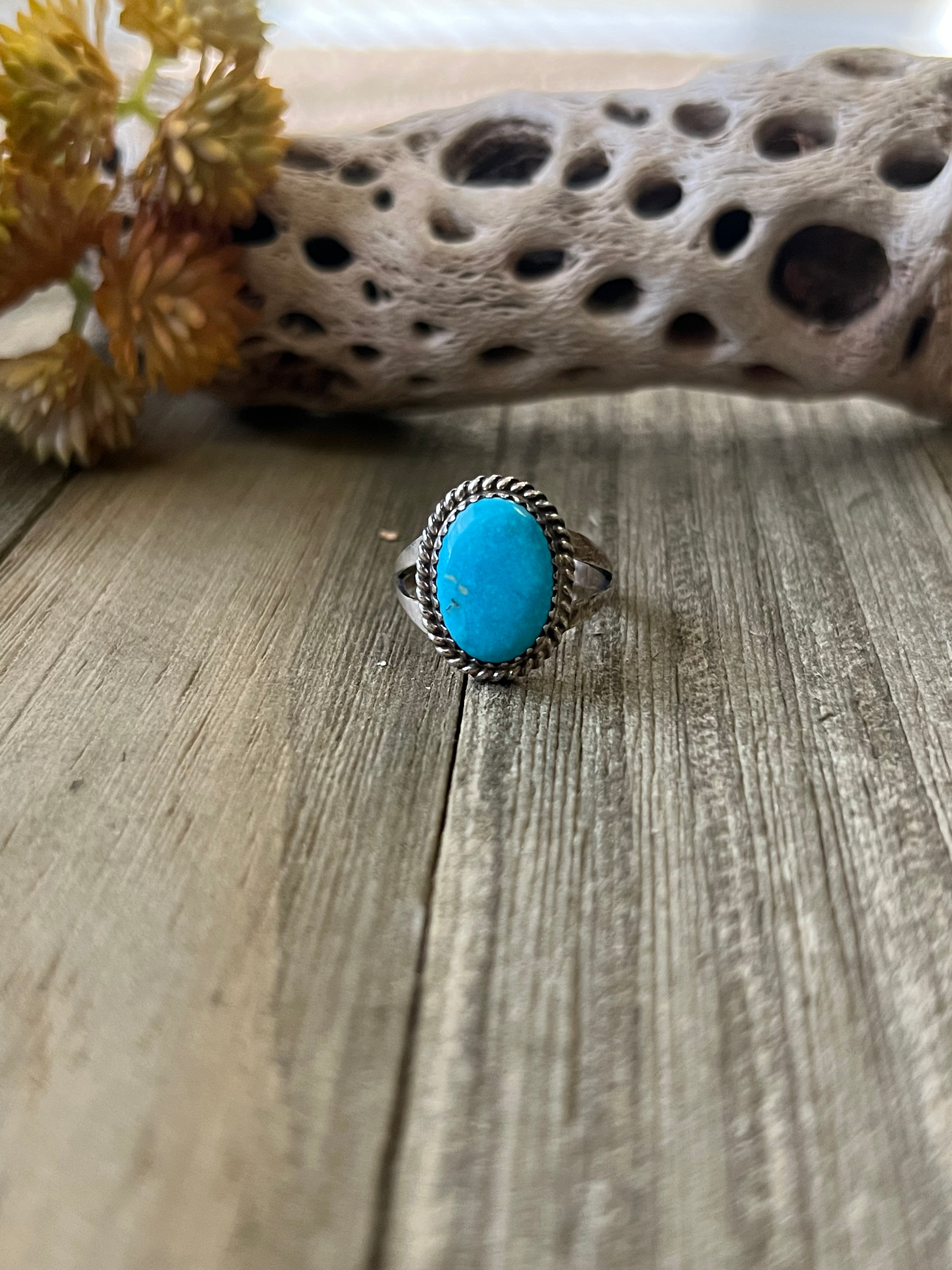 Navajo Made Kingman Turquoise & Sterling Silver Ring Size 8