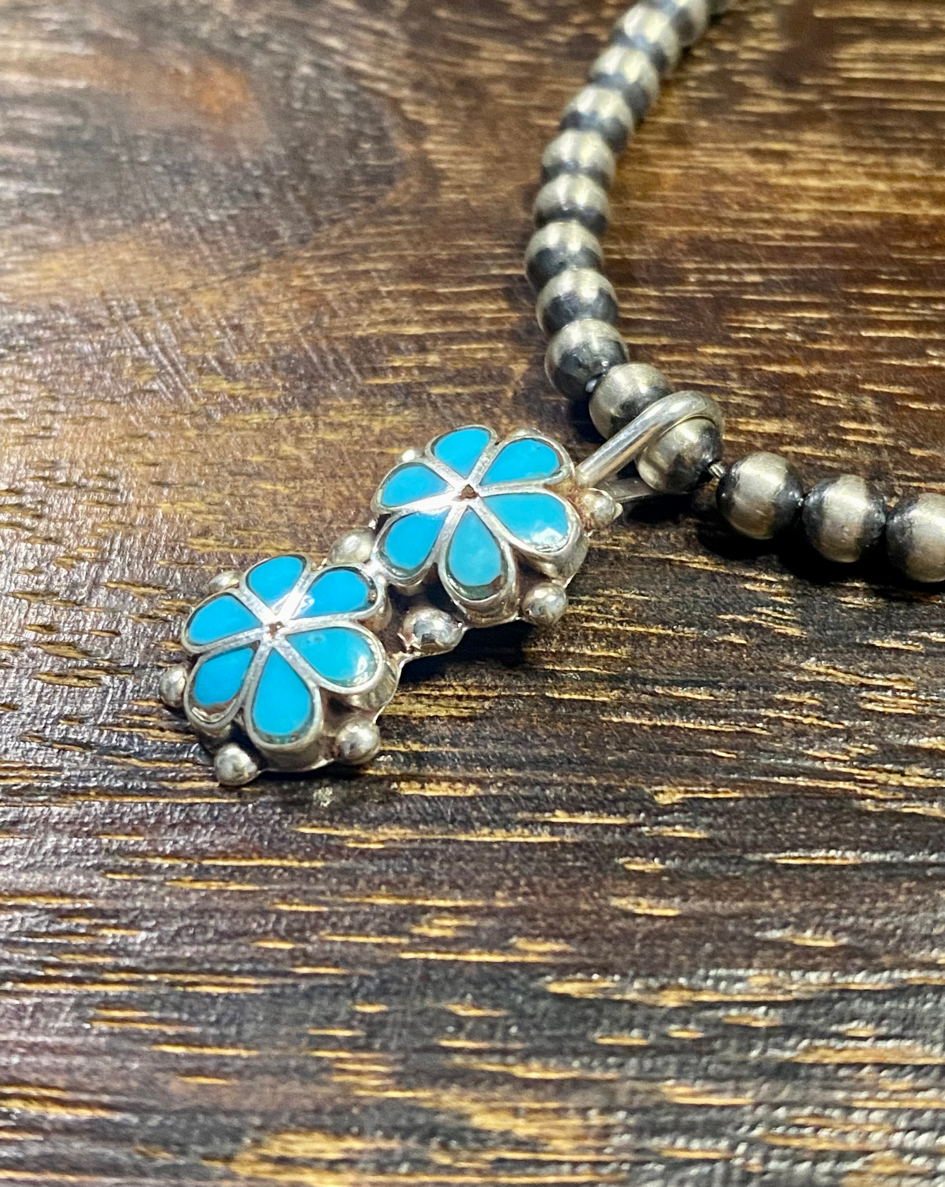 Zuni Made Turquoise & Sterling Silver Inlay Flower Pendant