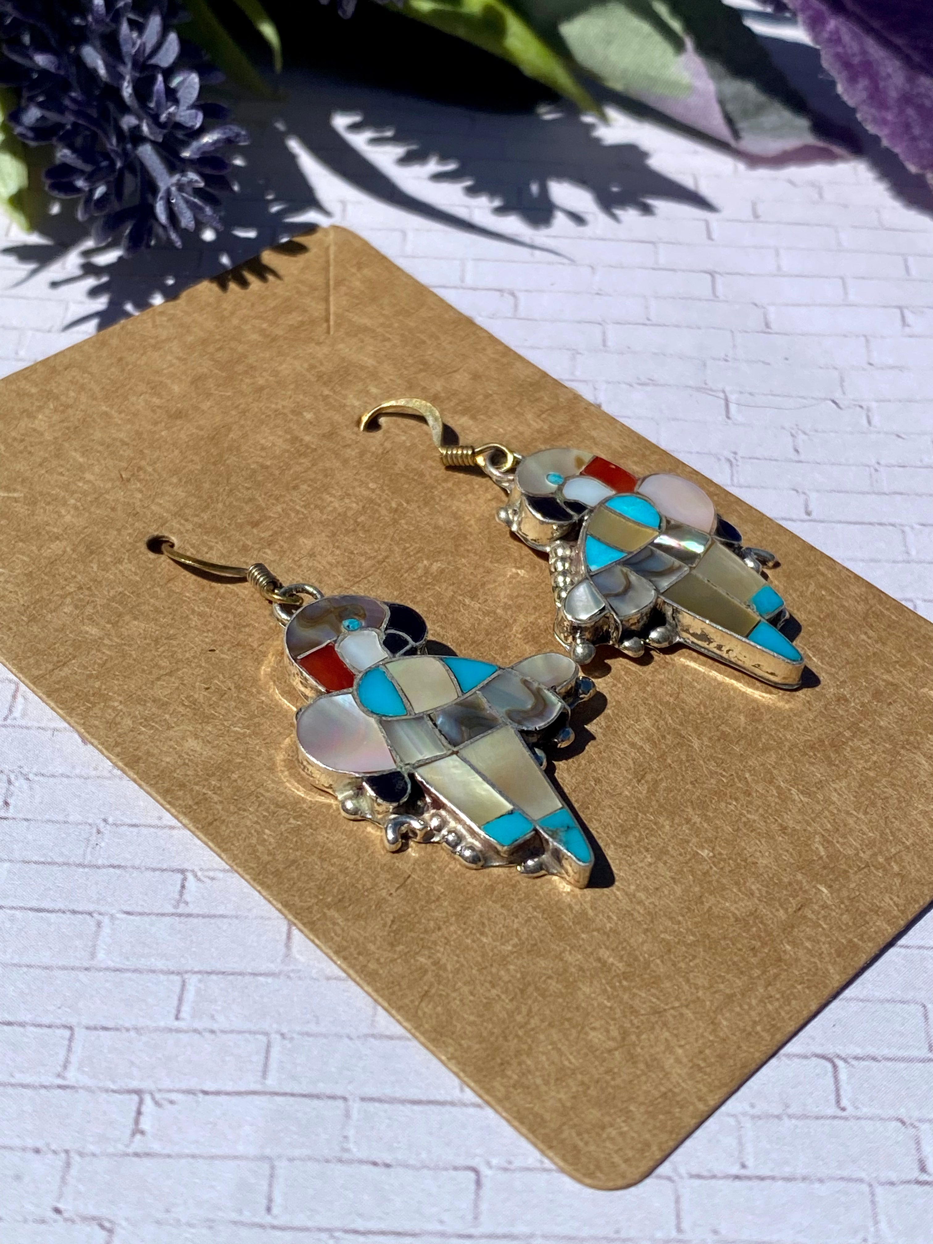Zuni Made Multi Stone & Sterling Silver Inlay Parrot Dangle Earrings