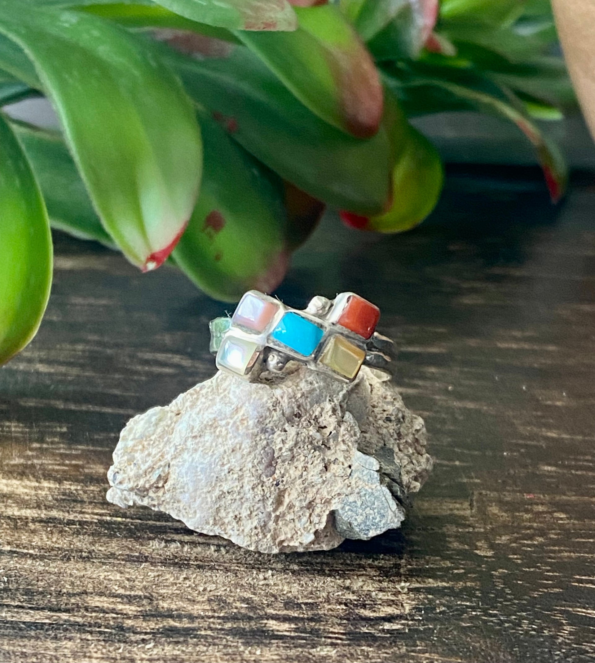 Navajo Made Multi Stone & Sterling Silver Inlay Ring Size 5