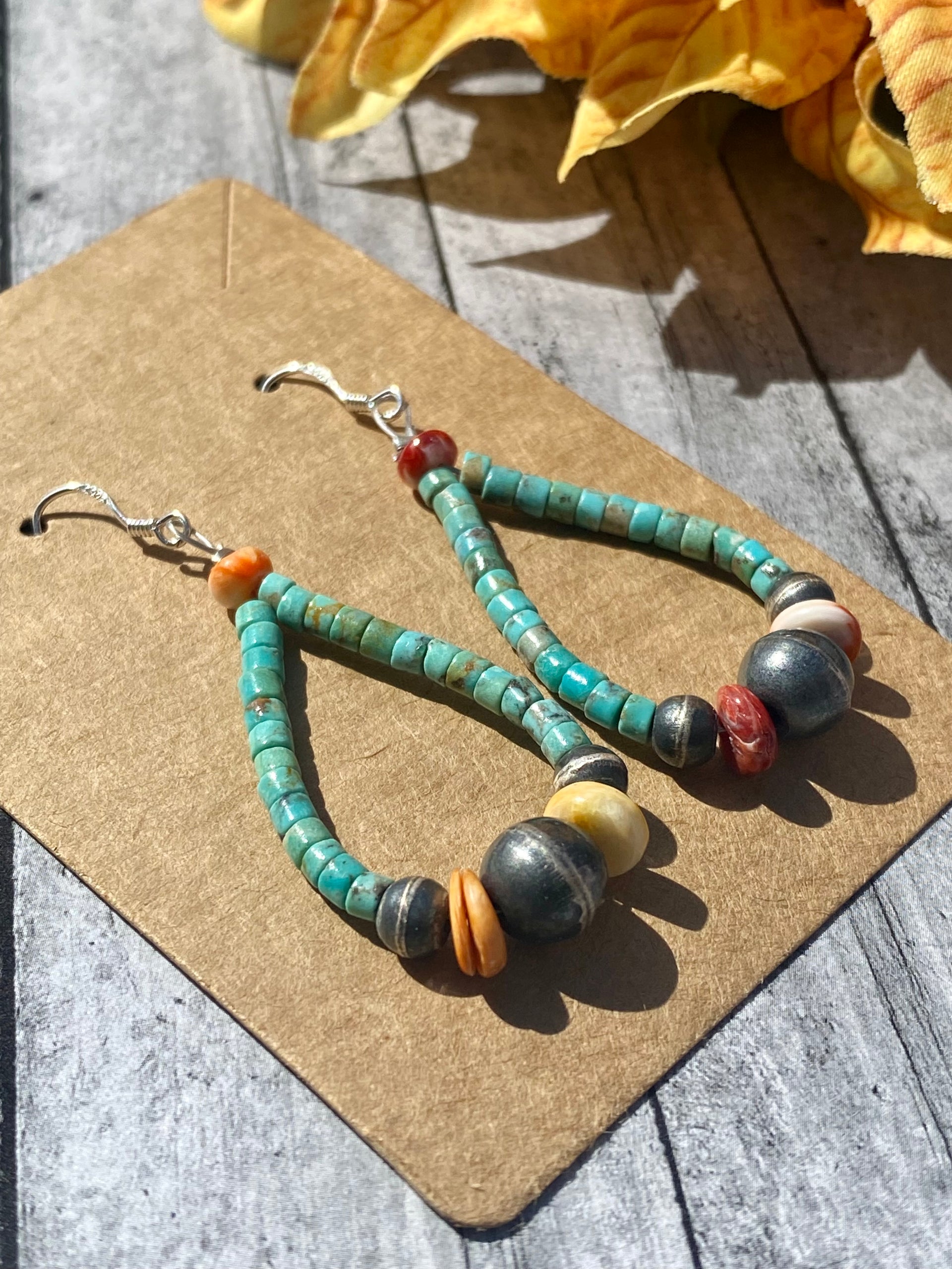 Navajo Made Multi Stone & Sterling Silver Pearl Dangle Earrings