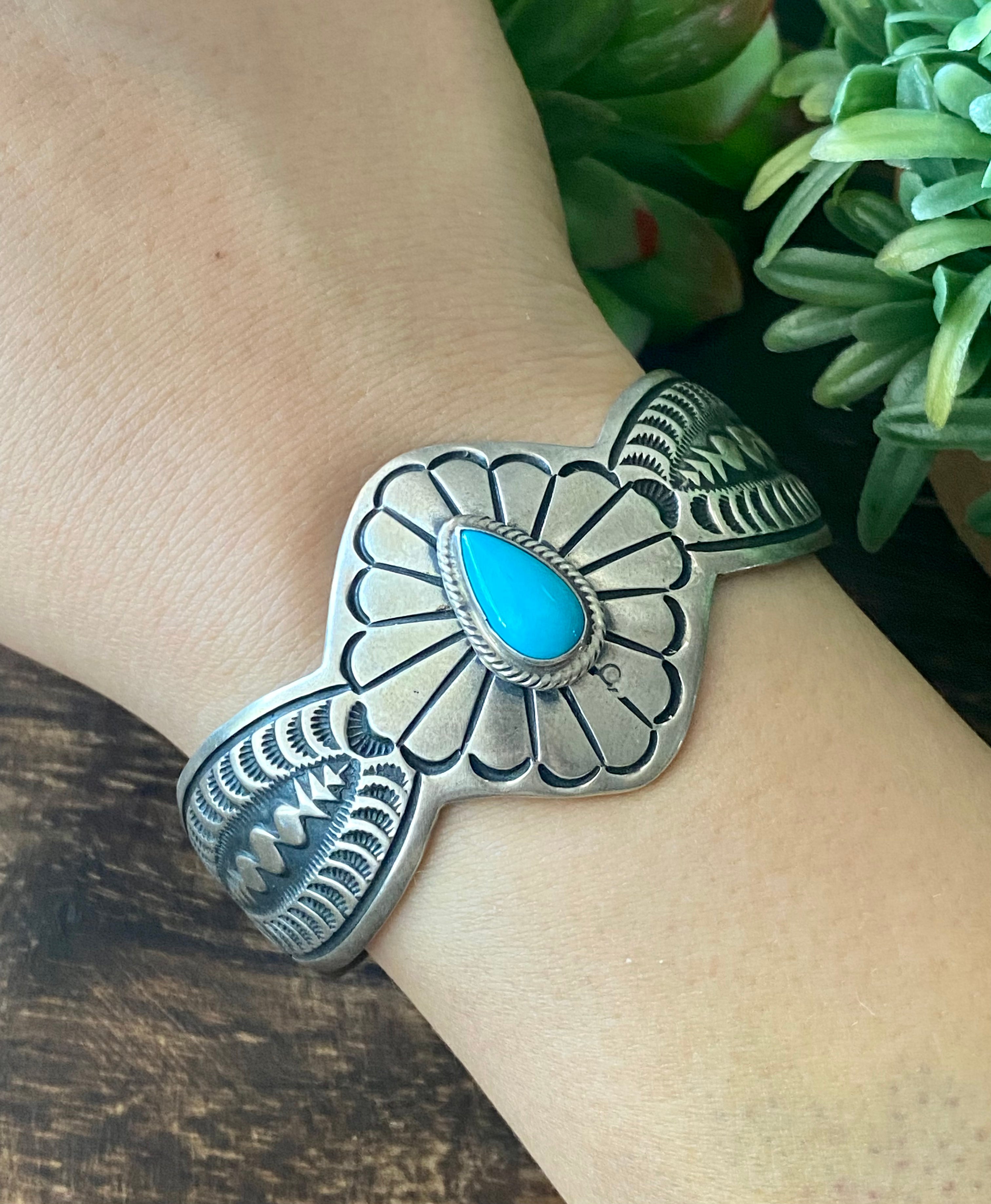 Navajo Made Sleeping Beauty Turquoise & Sterling Silver Cuff Bracelet
