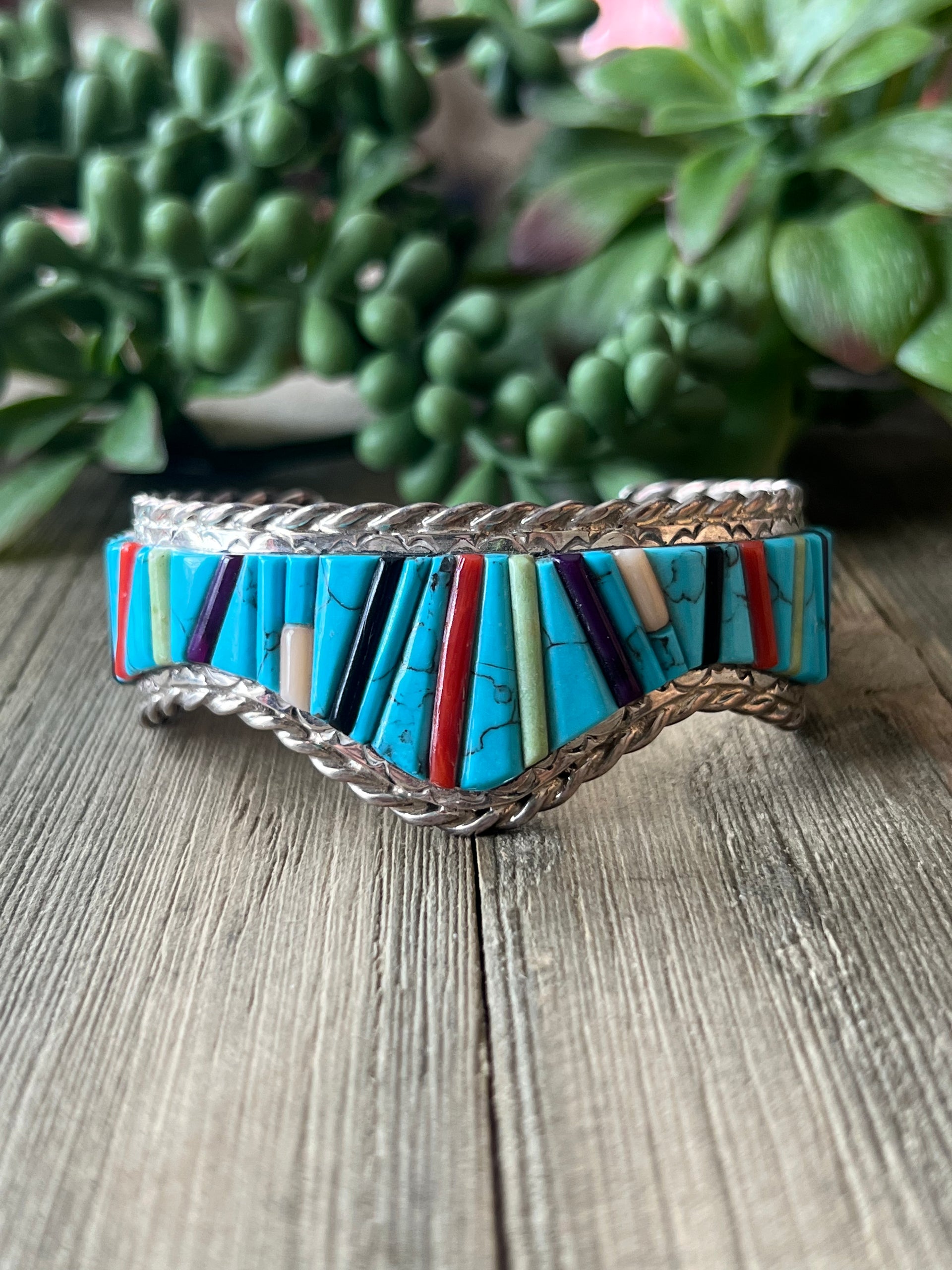 Navajo Made Multi Stone/Cobblestone & Sterling Silver Inlay Cuff Bracelet