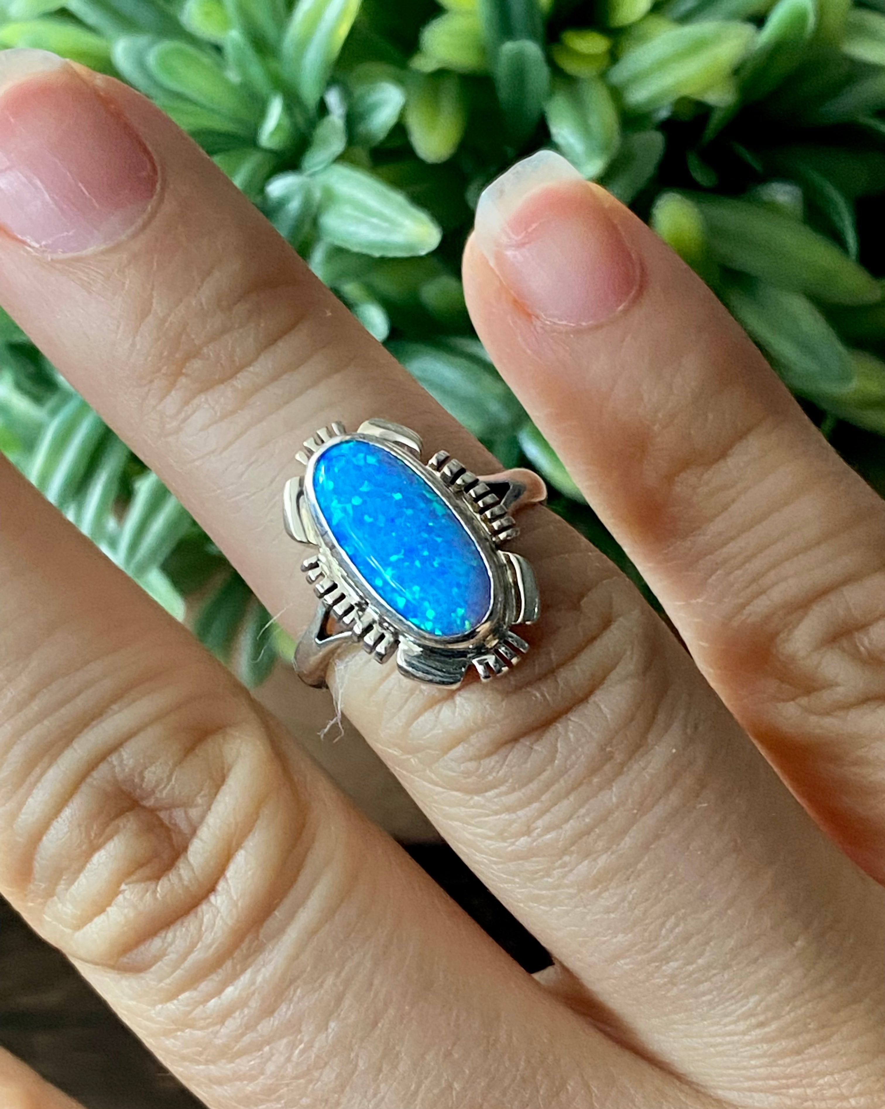 Navajo Made Blue Opal & Sterling Silver Ring Size 6.25