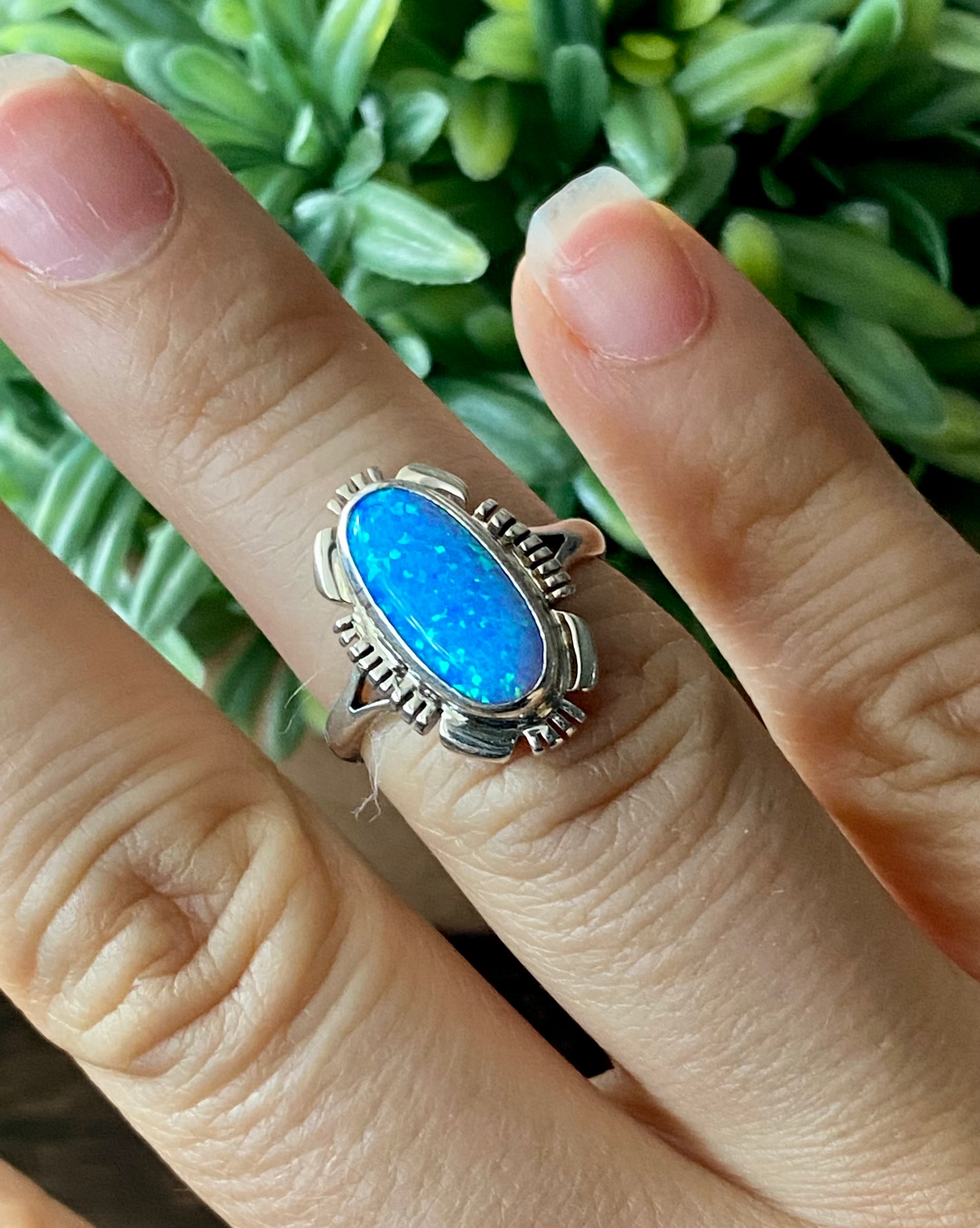 Navajo Made Blue Opal & Sterling Silver Ring Size 6.25