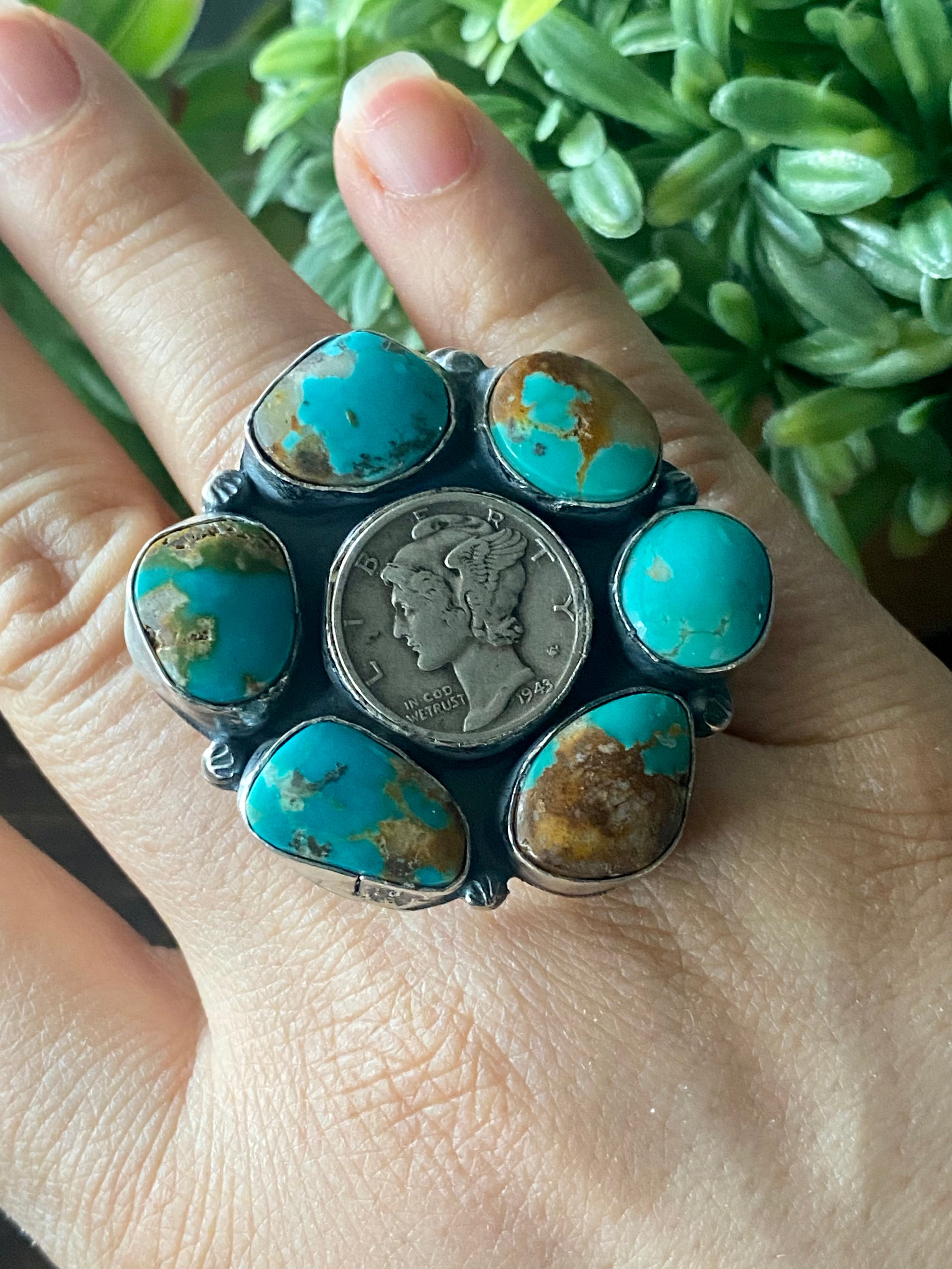 Gilbert Nez Thunder Mountain Turquoise & Sterling Silver Dime Ring Size 10.25