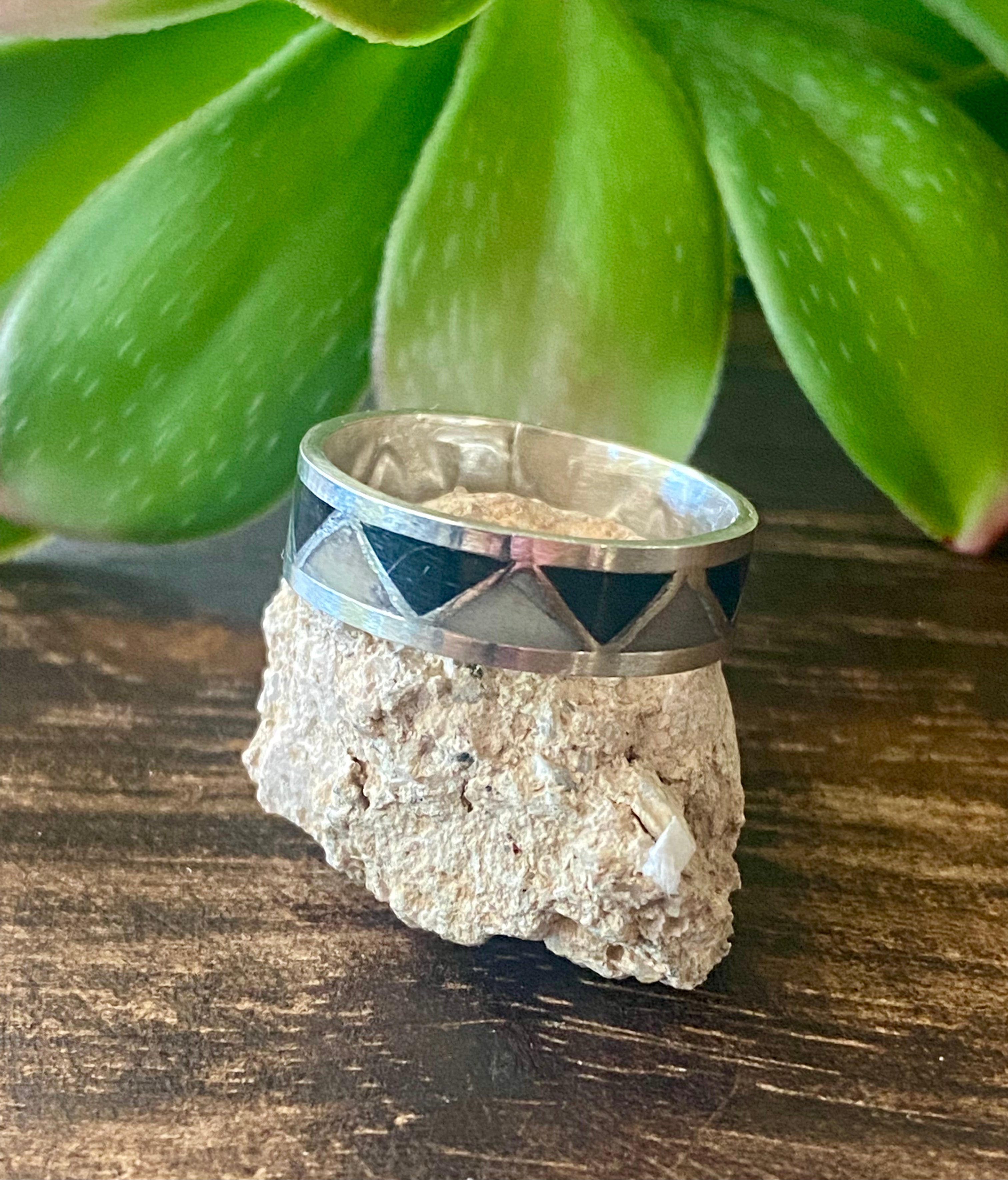 Navajo Made Multi Stone & Sterling Silver Inlay Ring Size 7.75