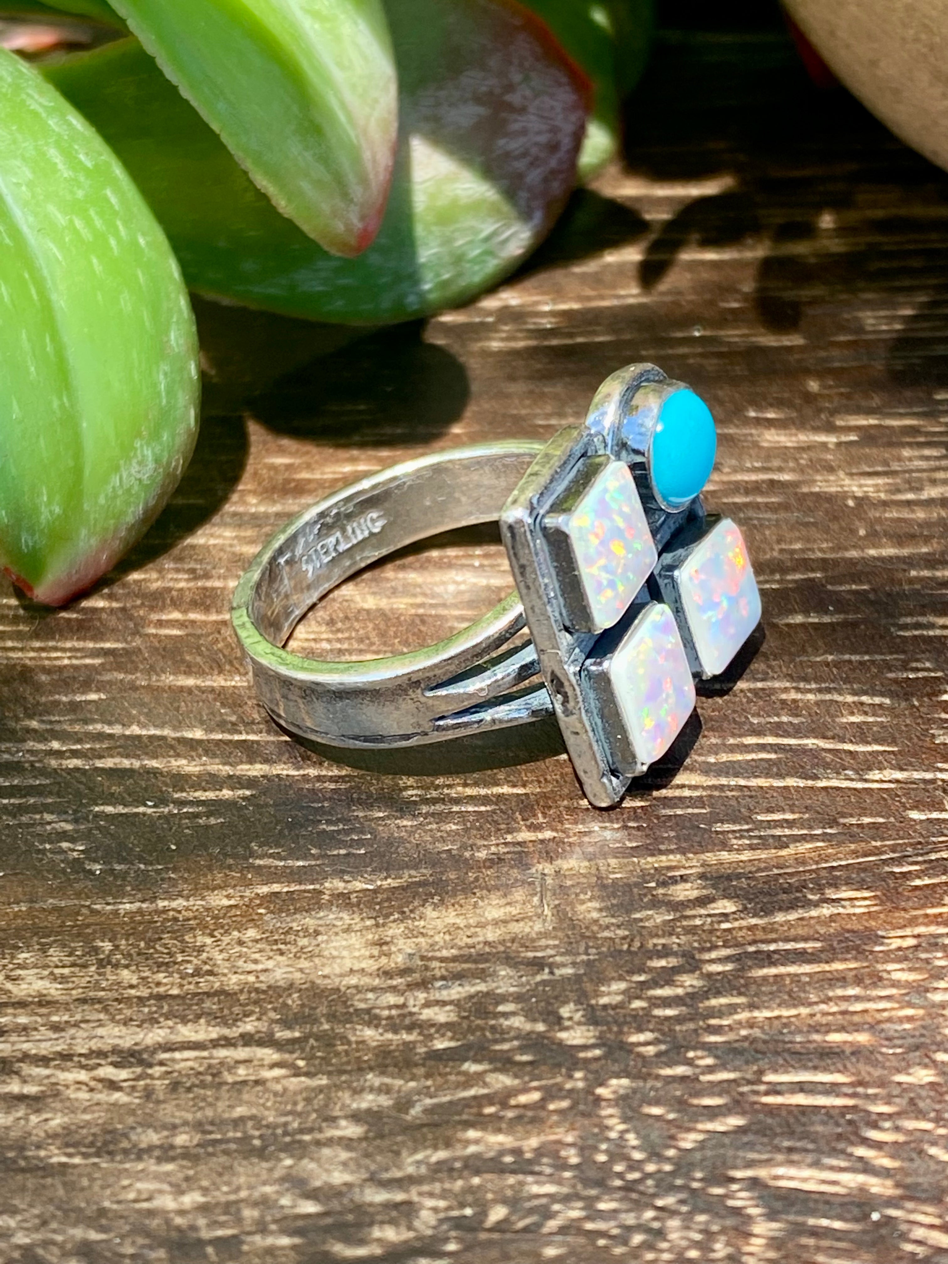 Navajo Made Kingman Turquoise & Opal Sterling Silver Ring Size 5