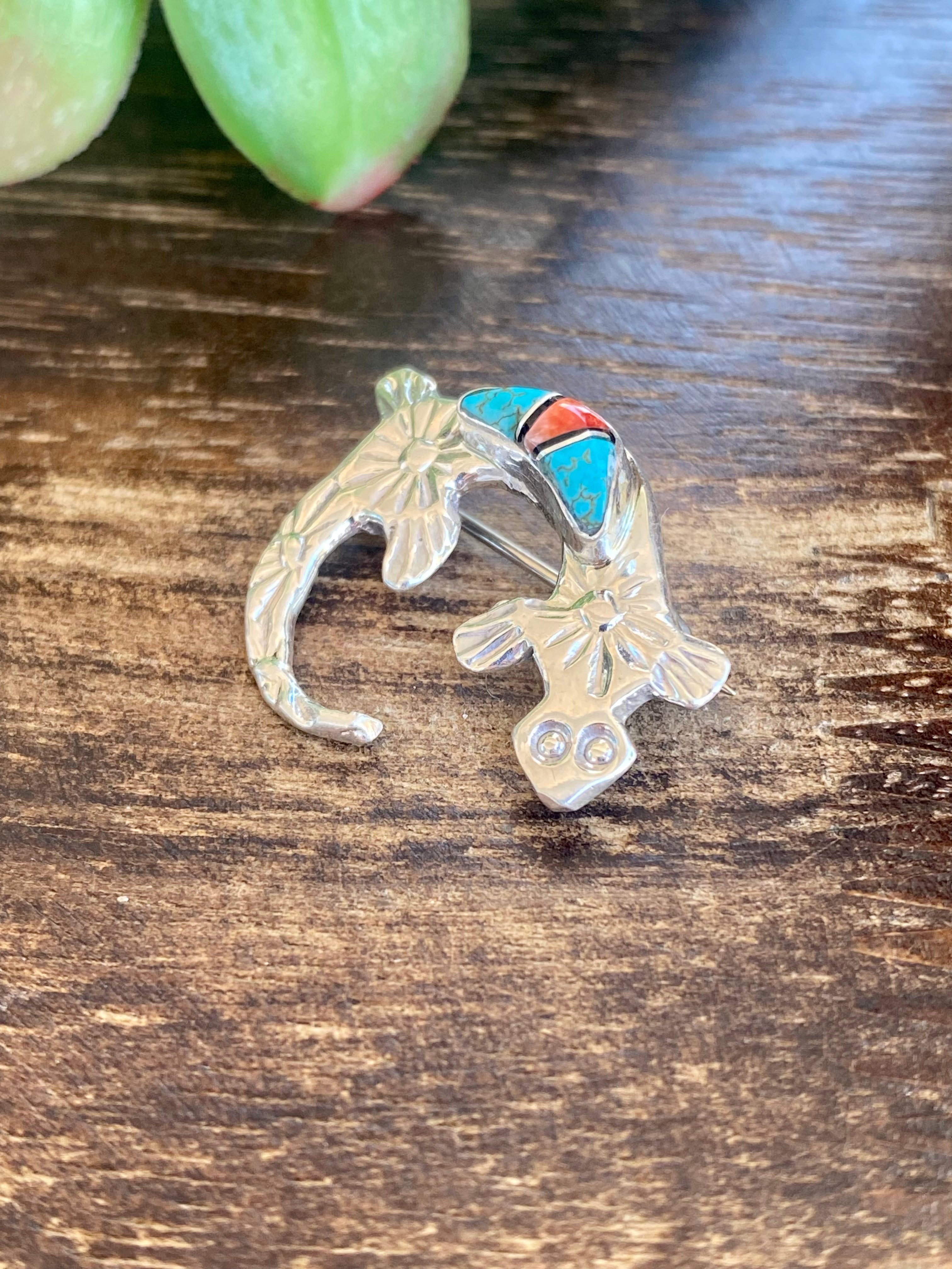 Navajo Made Multi Stone & Sterling Silver Inlay Lizard Pin