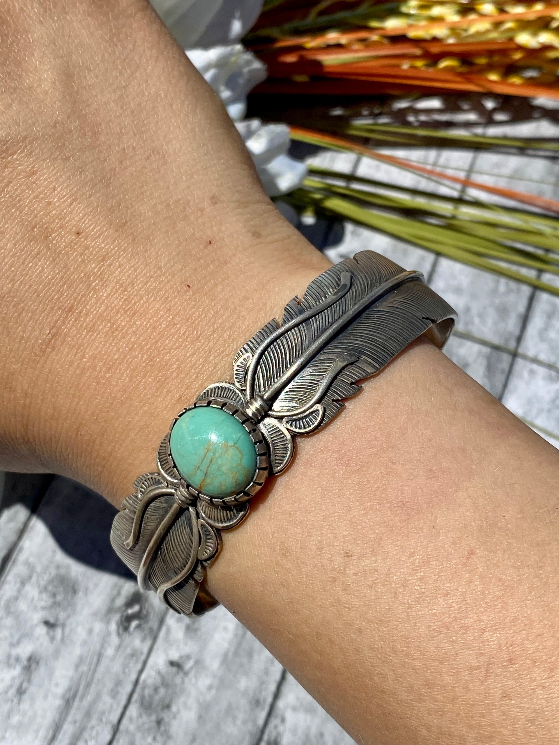 Jimmy Lee Navajo Made Kingman Turquoise & Sterling Silver Feather Cuff Bracelet