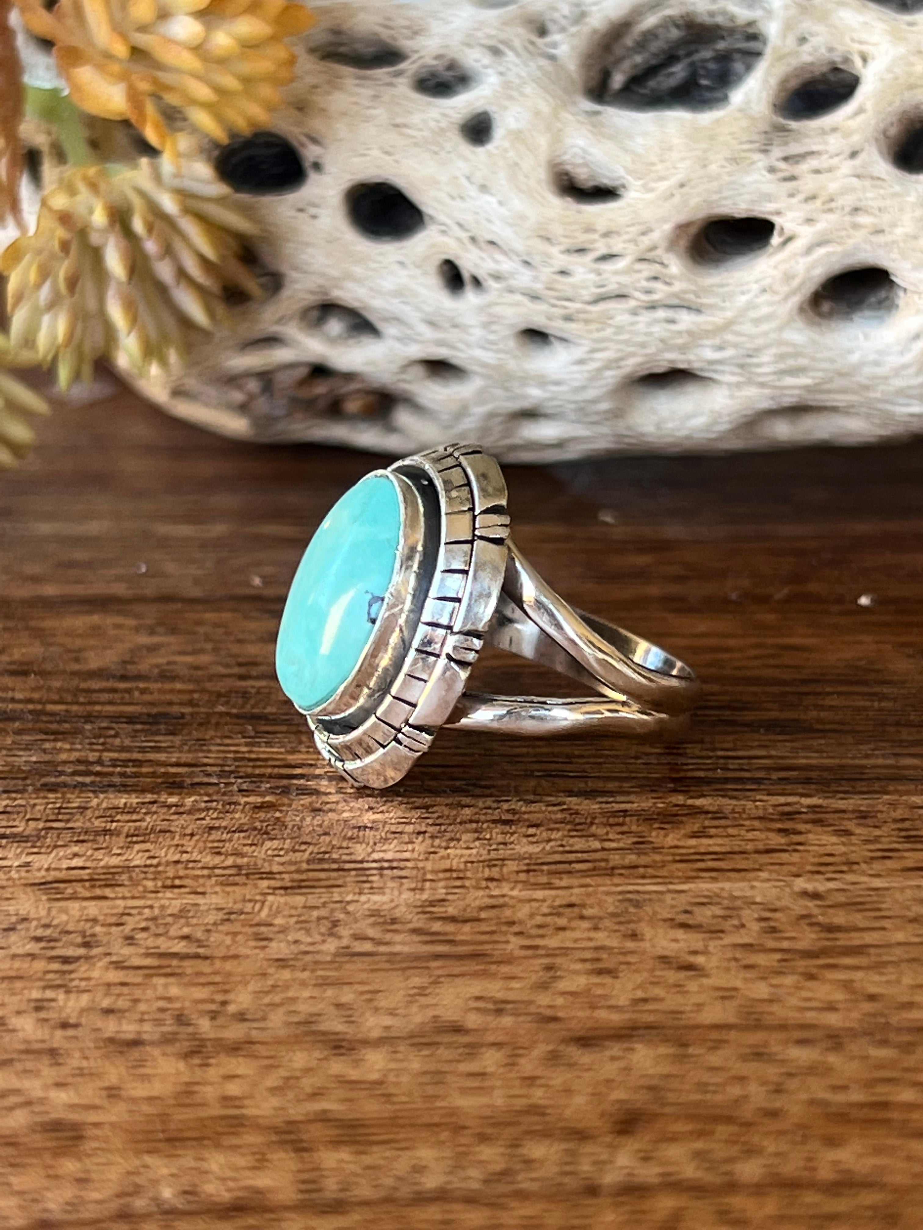 Navajo Made Kingman Turquoise & Sterling Silver Ring Size 6.5