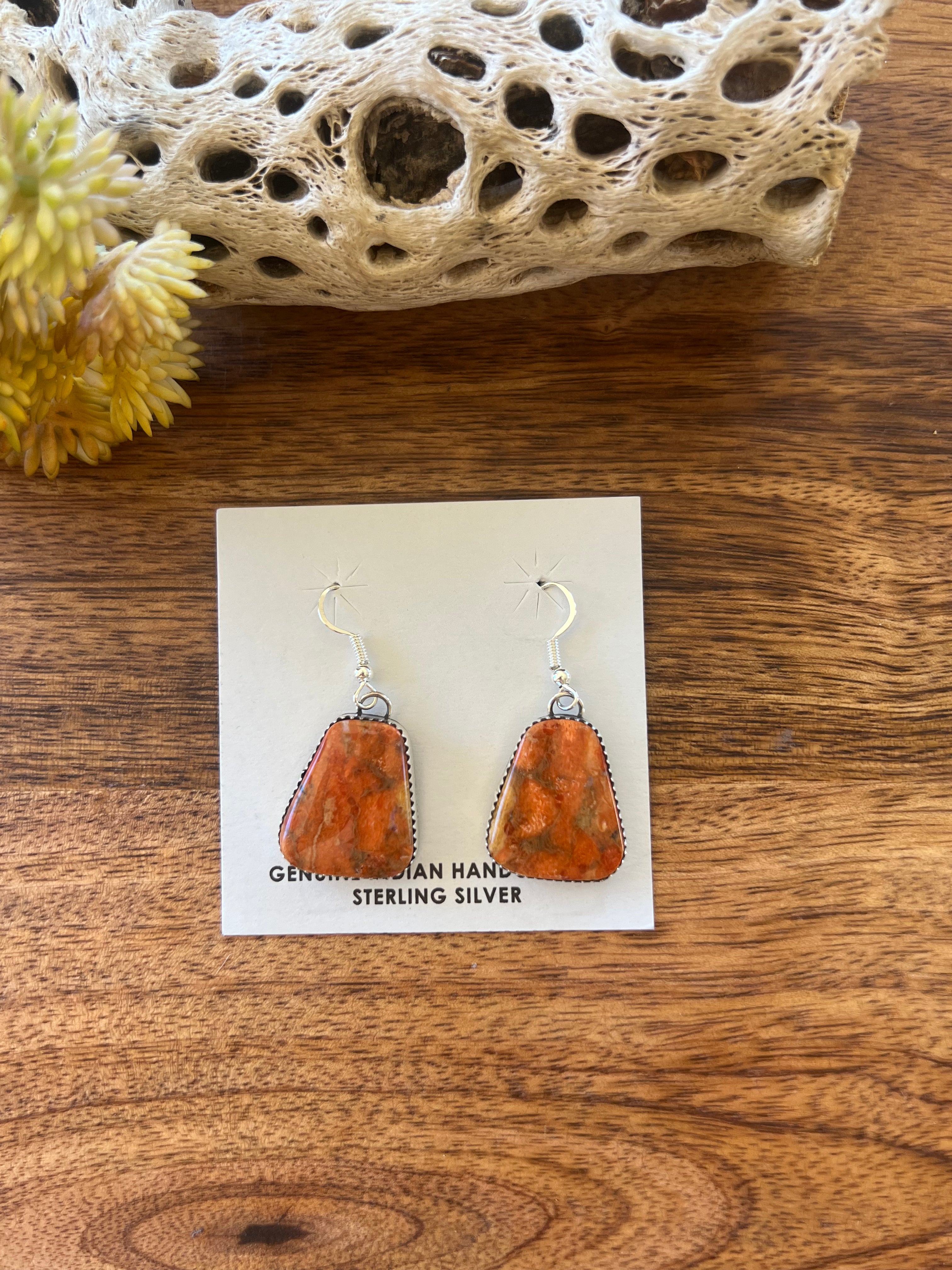 Navajo Made Apple Coral& Sterling Silver Dangle Earrings