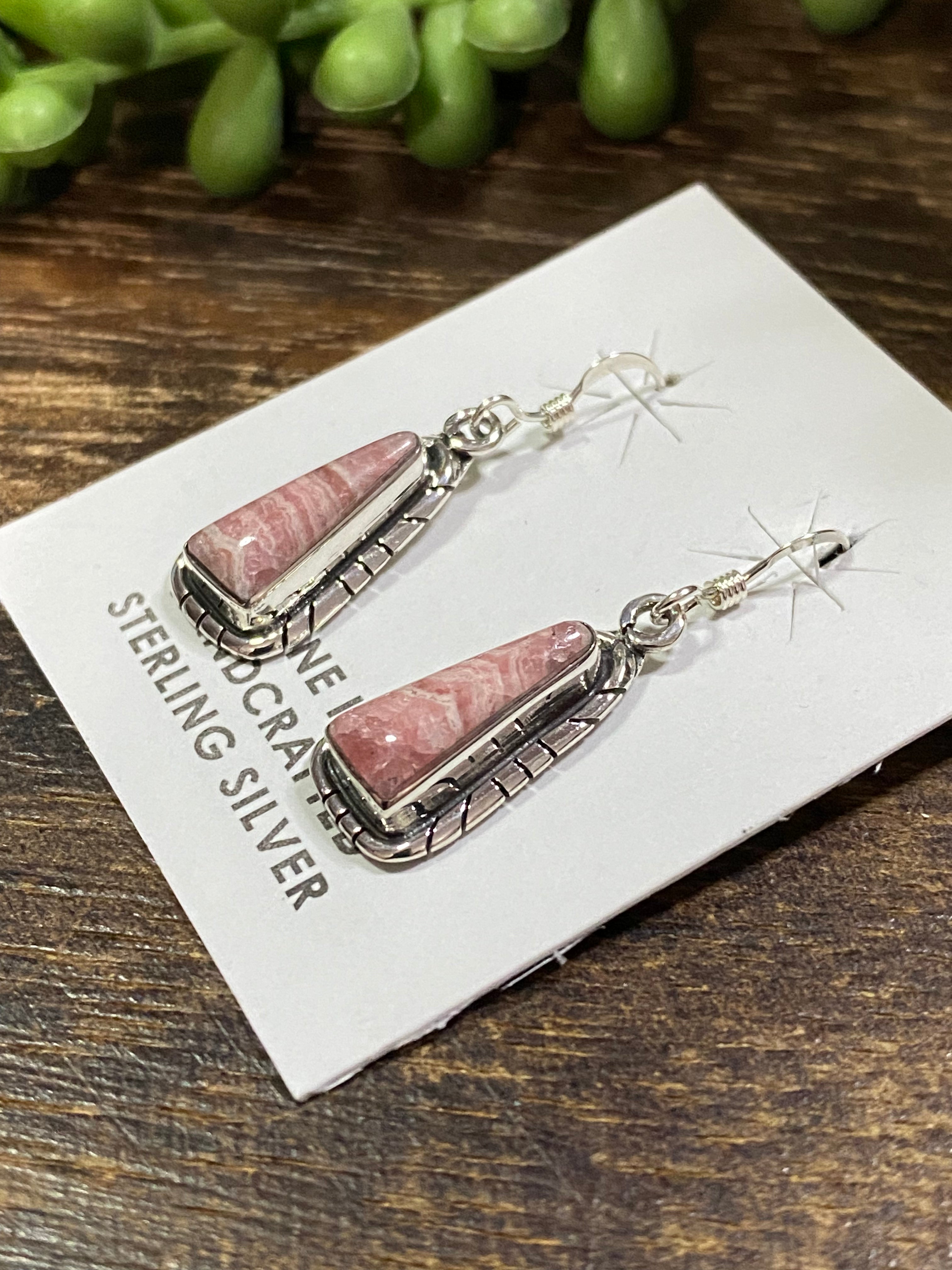 Navajo Made Rhodochrosite & Sterling Silver Dangle Earrings