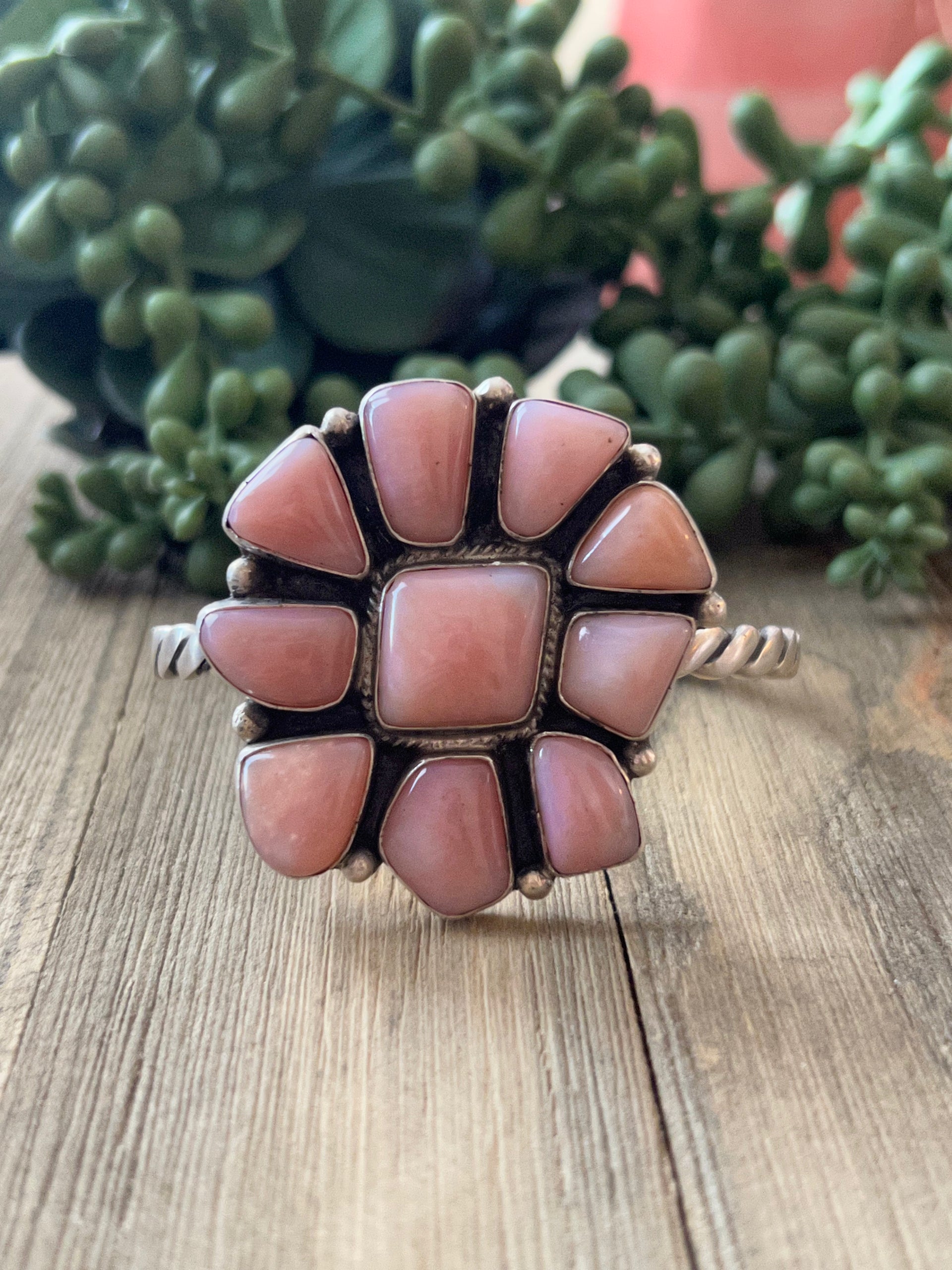 Navajo Made Pink Conch & Sterling Silver Cuff Bracelet