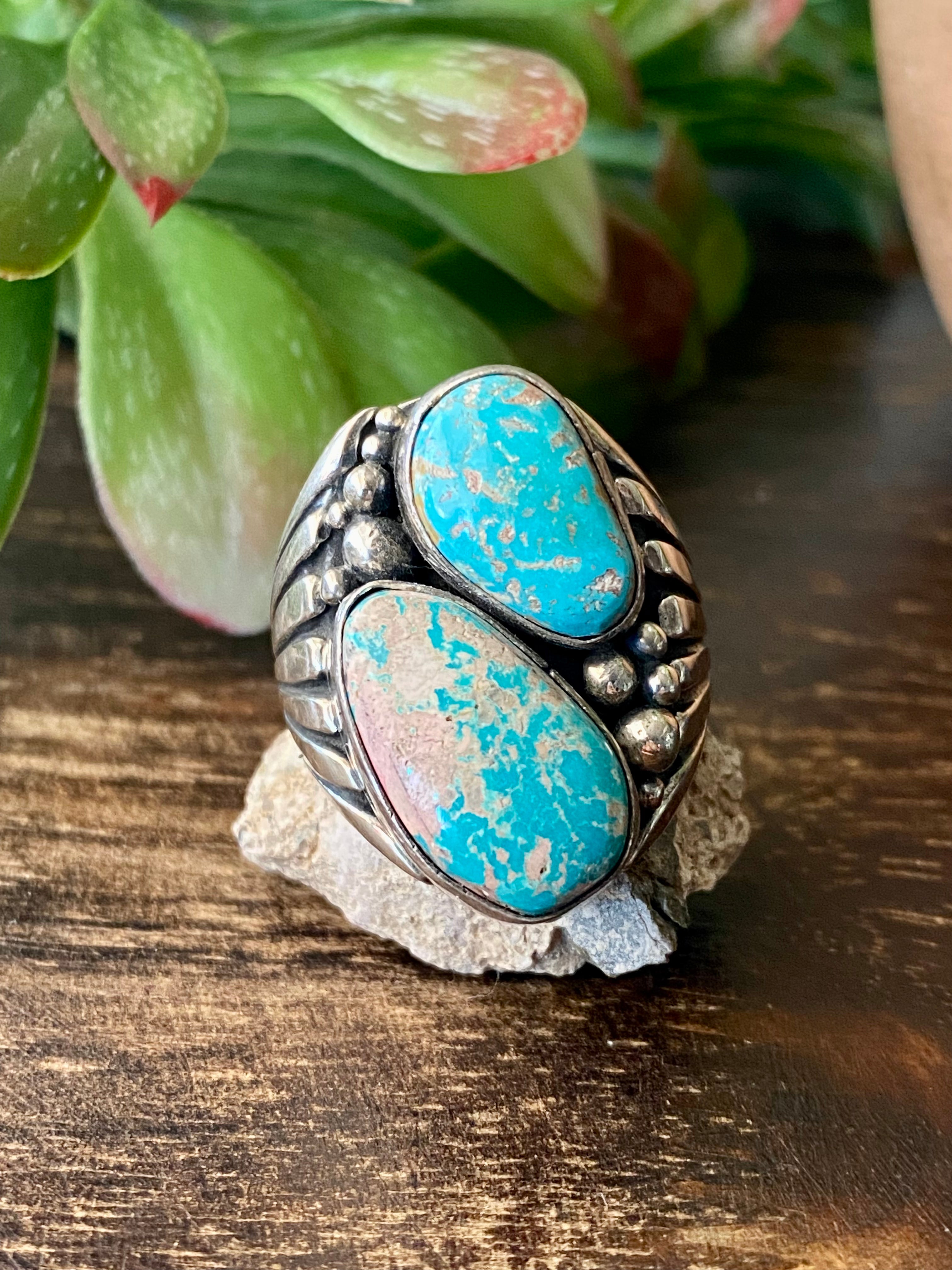 Navajo Made Kingman Turquoise & Sterling Silver Ring Size 10.75