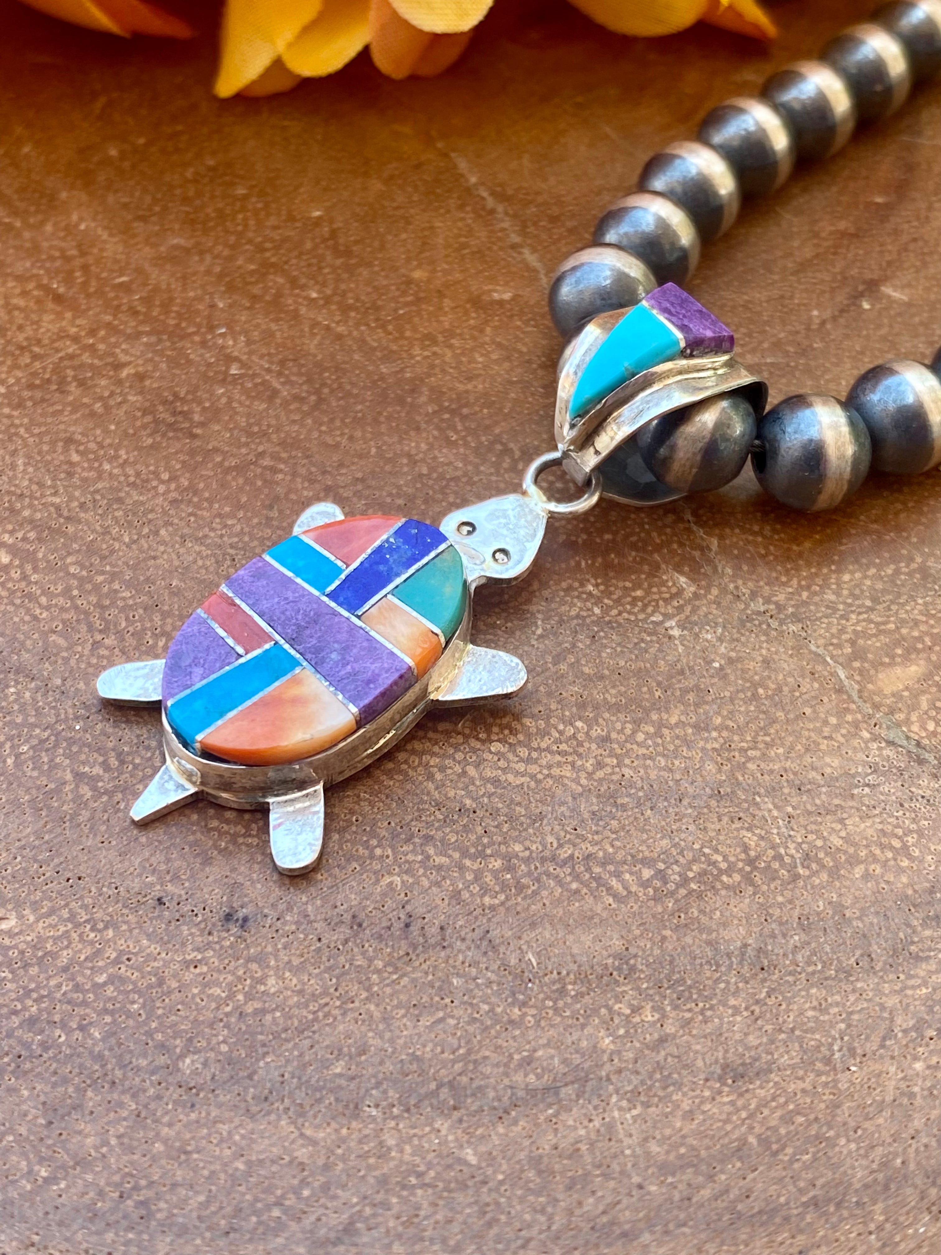 Merle House Multi Stone & Sterling Silver Inlay Turtle Pendant