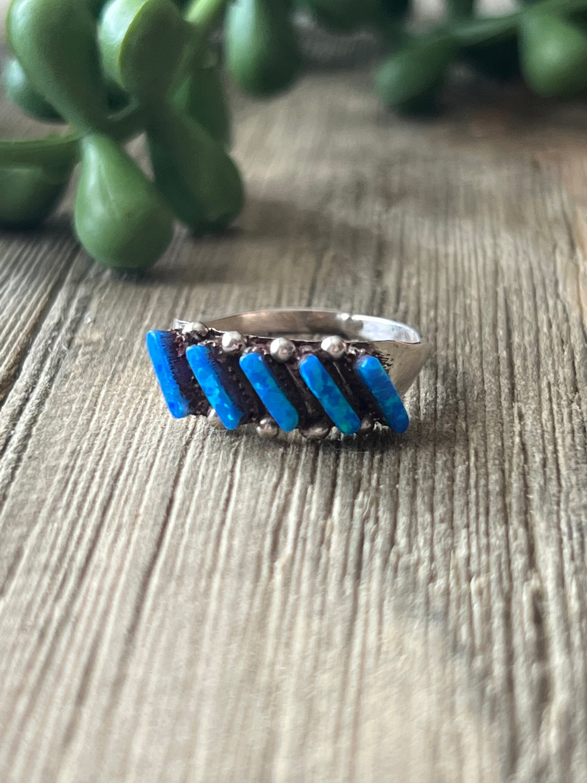 Cletus Lamey Blue Opal (Man Made) & Sterling Silver Stacker Ring Size 6.75