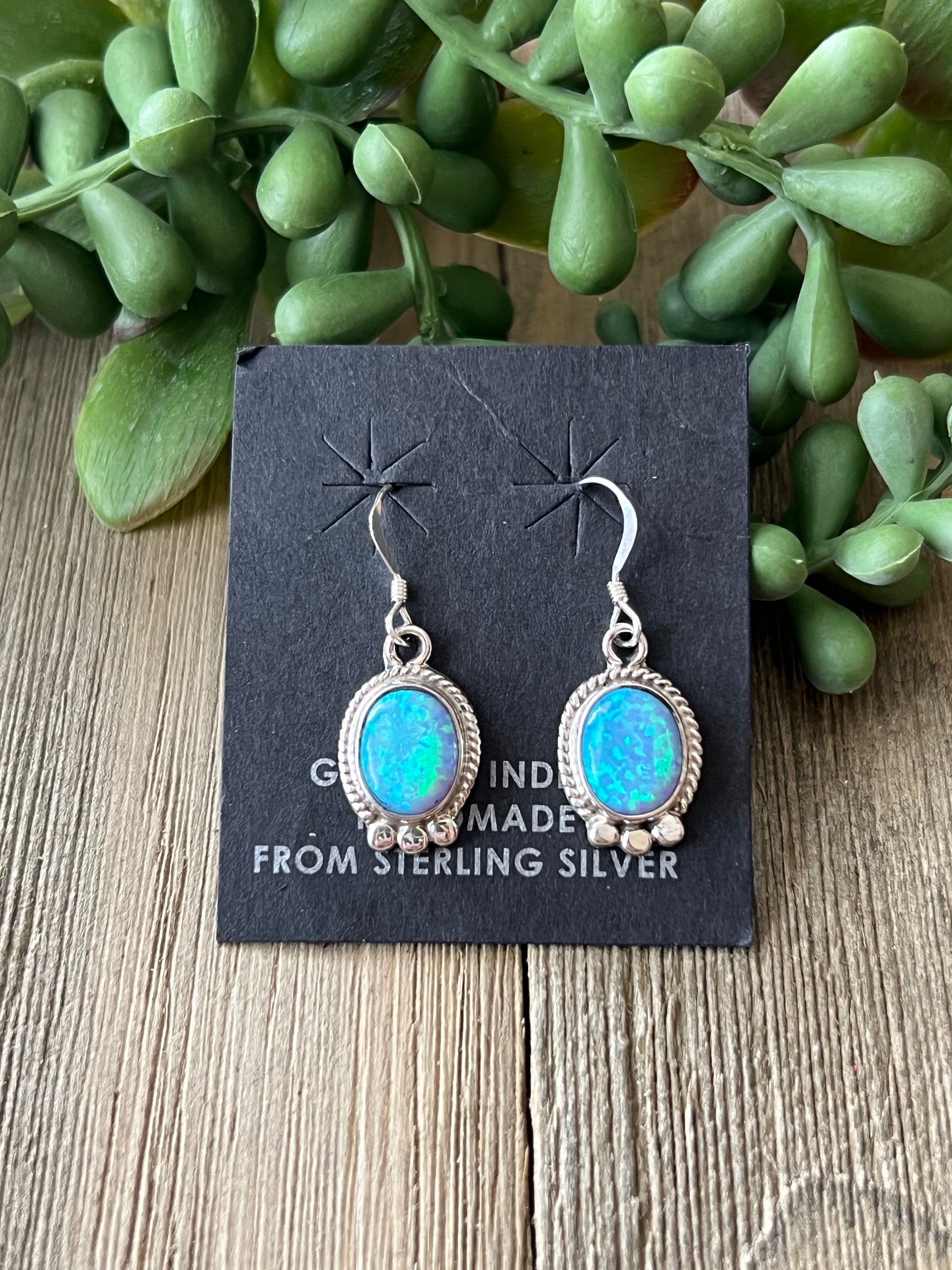 Navajo Made Blue Opal (Man-Made) & Sterling Silver Dangle Earrings