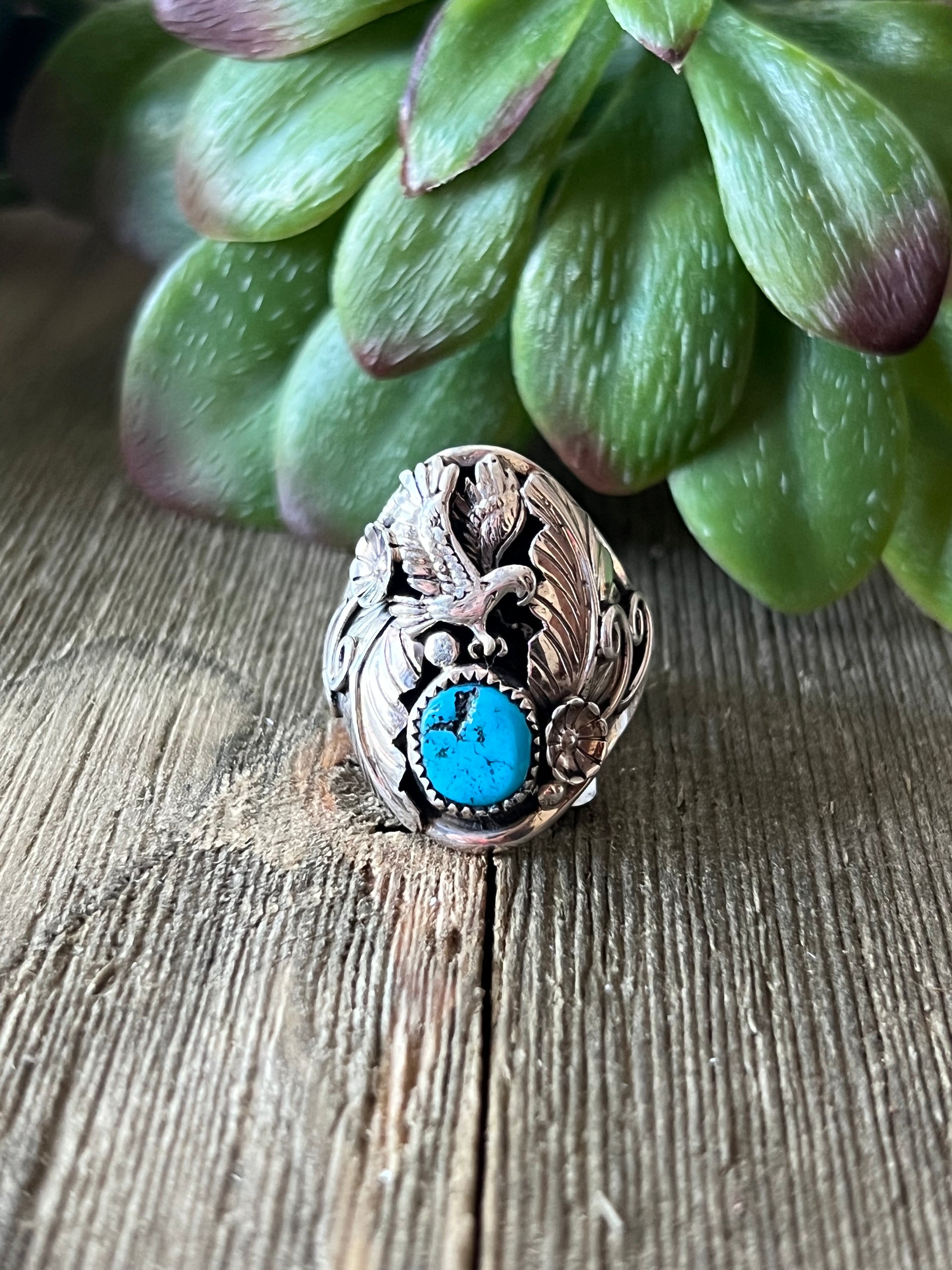 Tricia Leekety Kingman Turquoise & Sterling Silver Ring Size 11.25