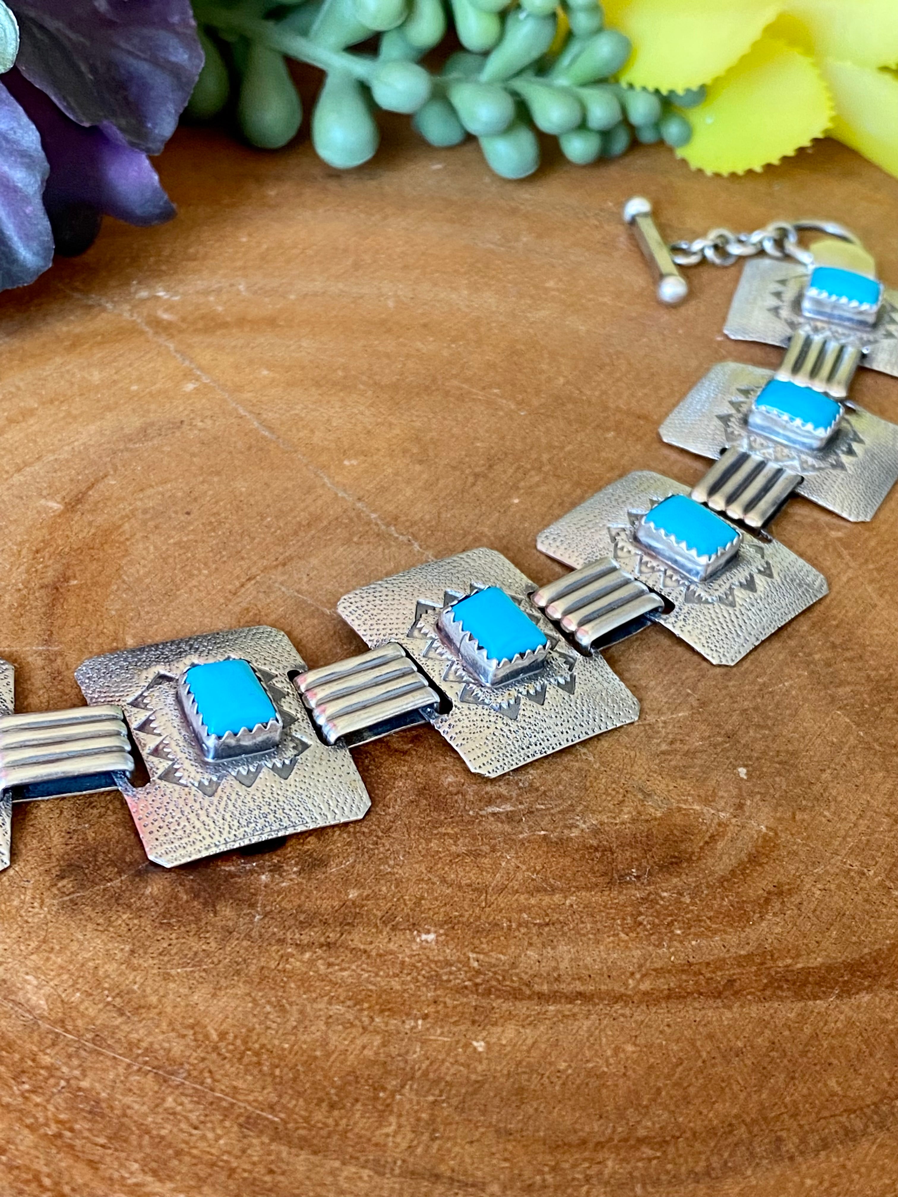 Navajo Made Sleeping Beauty Turquoise & Sterling Silver Link Bracelet