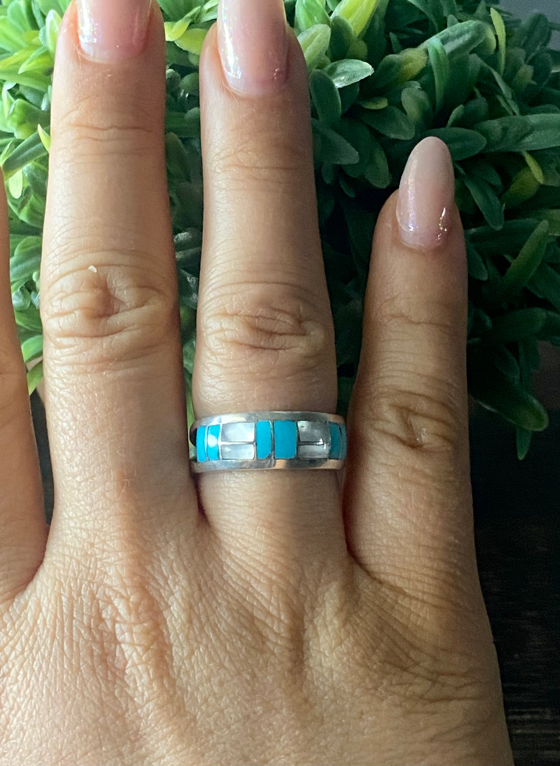 Navajo Made Multi Stone & Sterling Silver Inlay Band Ring Size 9