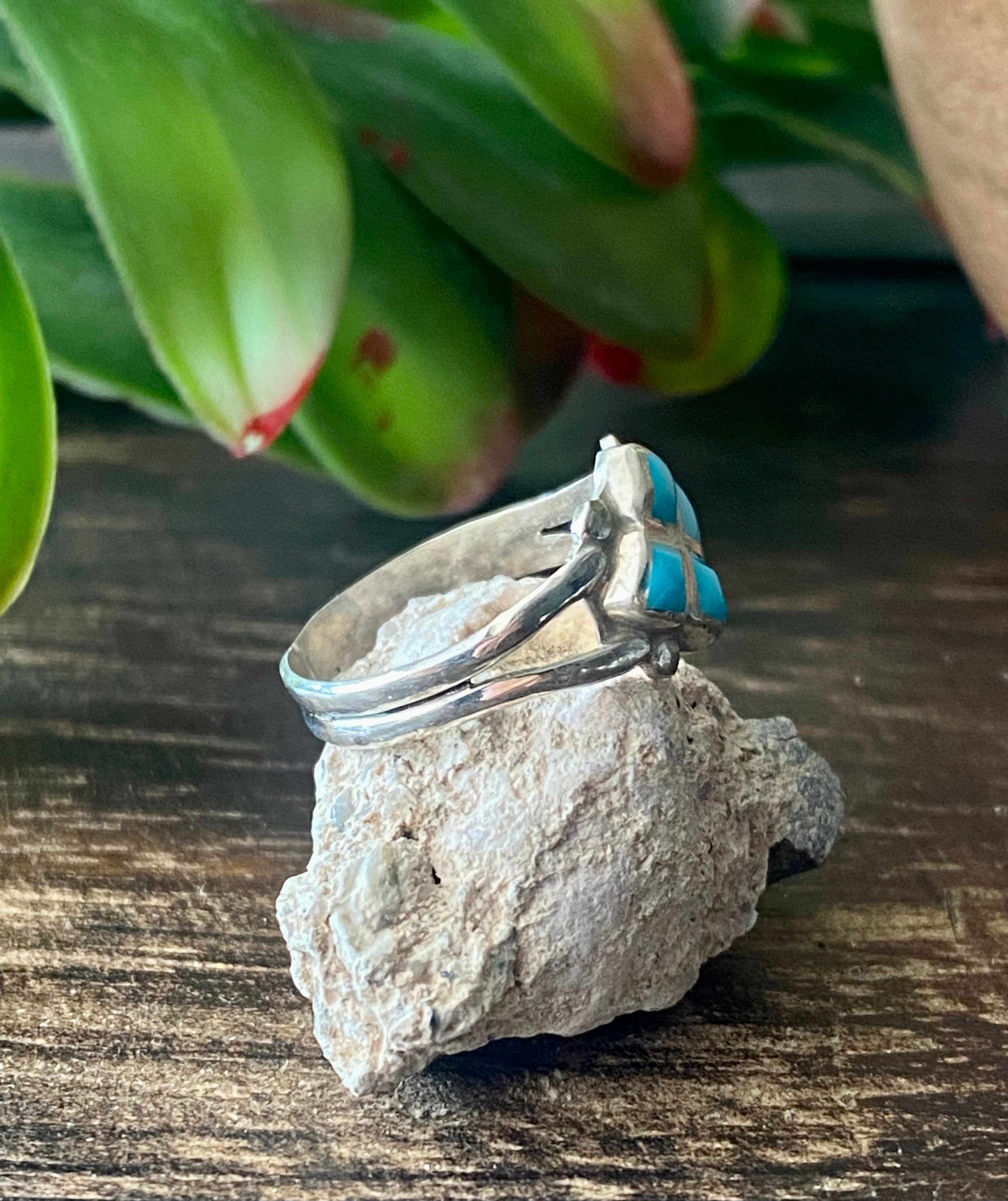 Navajo Made Turquoise & Sterling Silver Inlay Ring Size 5
