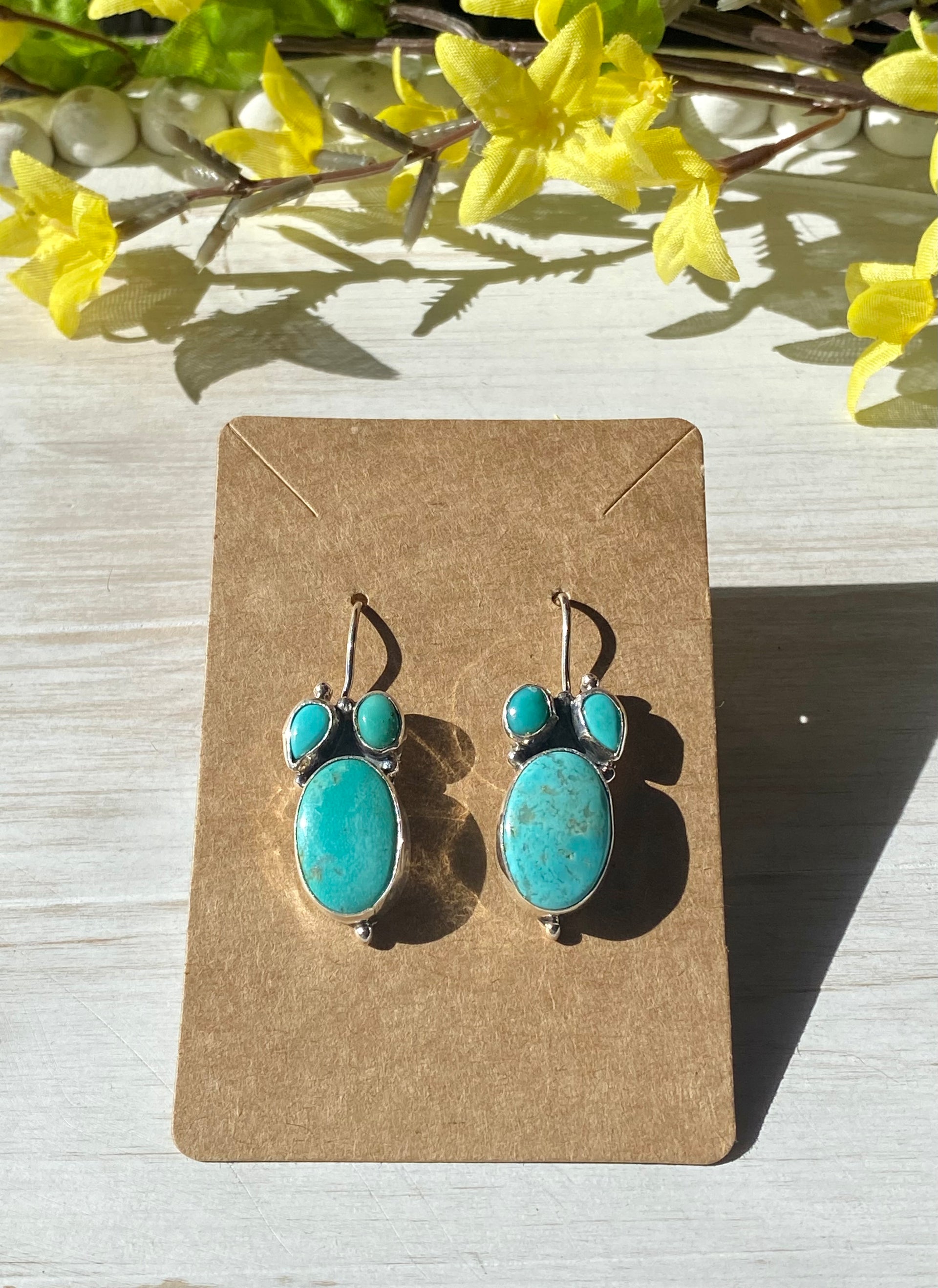 Navajo Made Kingman Turquoise & Sterling Silver Leaf Dangle Earrings