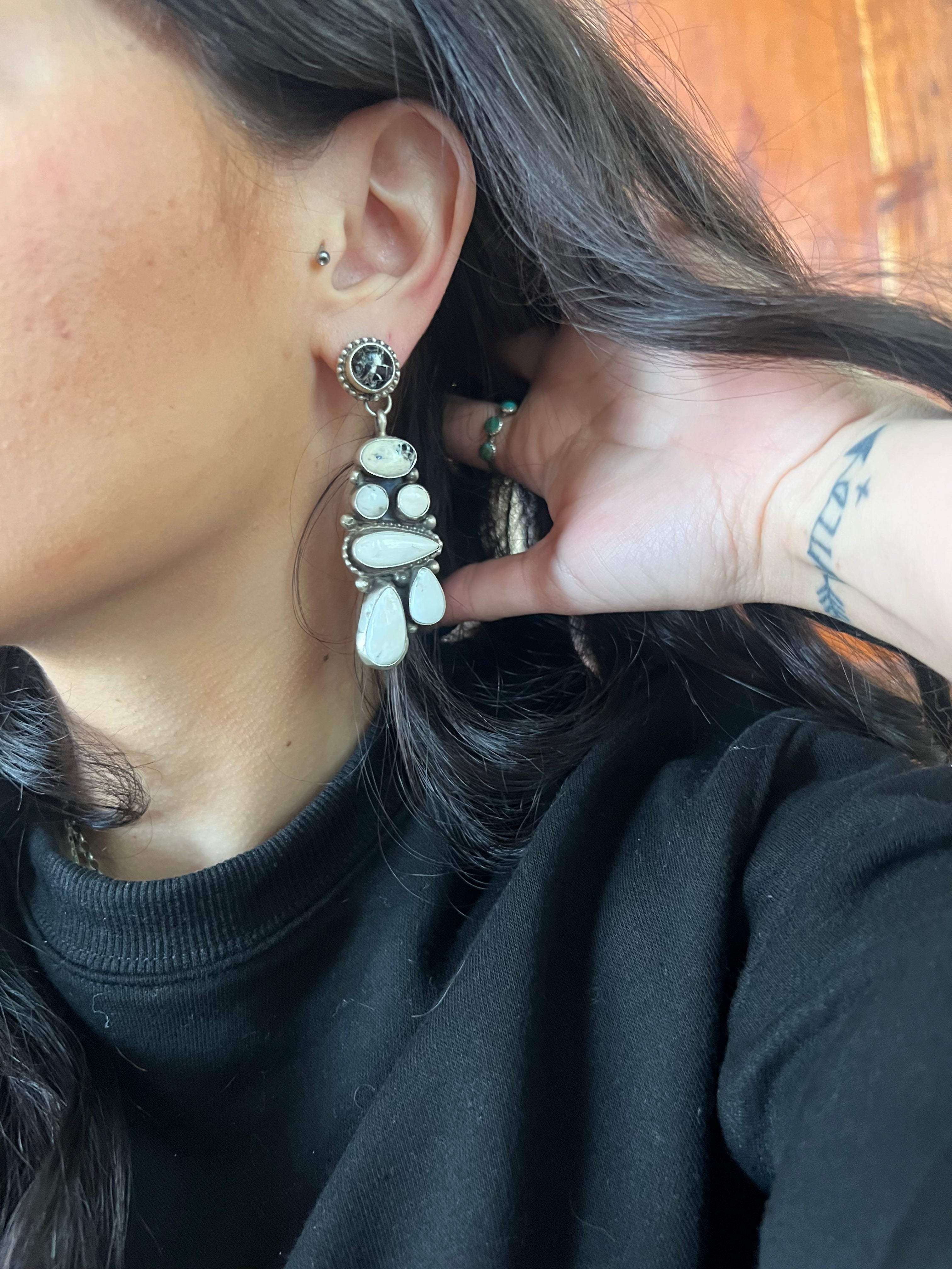 Shelia Becenti White Buffalo & Sterling Silver Post Dangle Earrings
