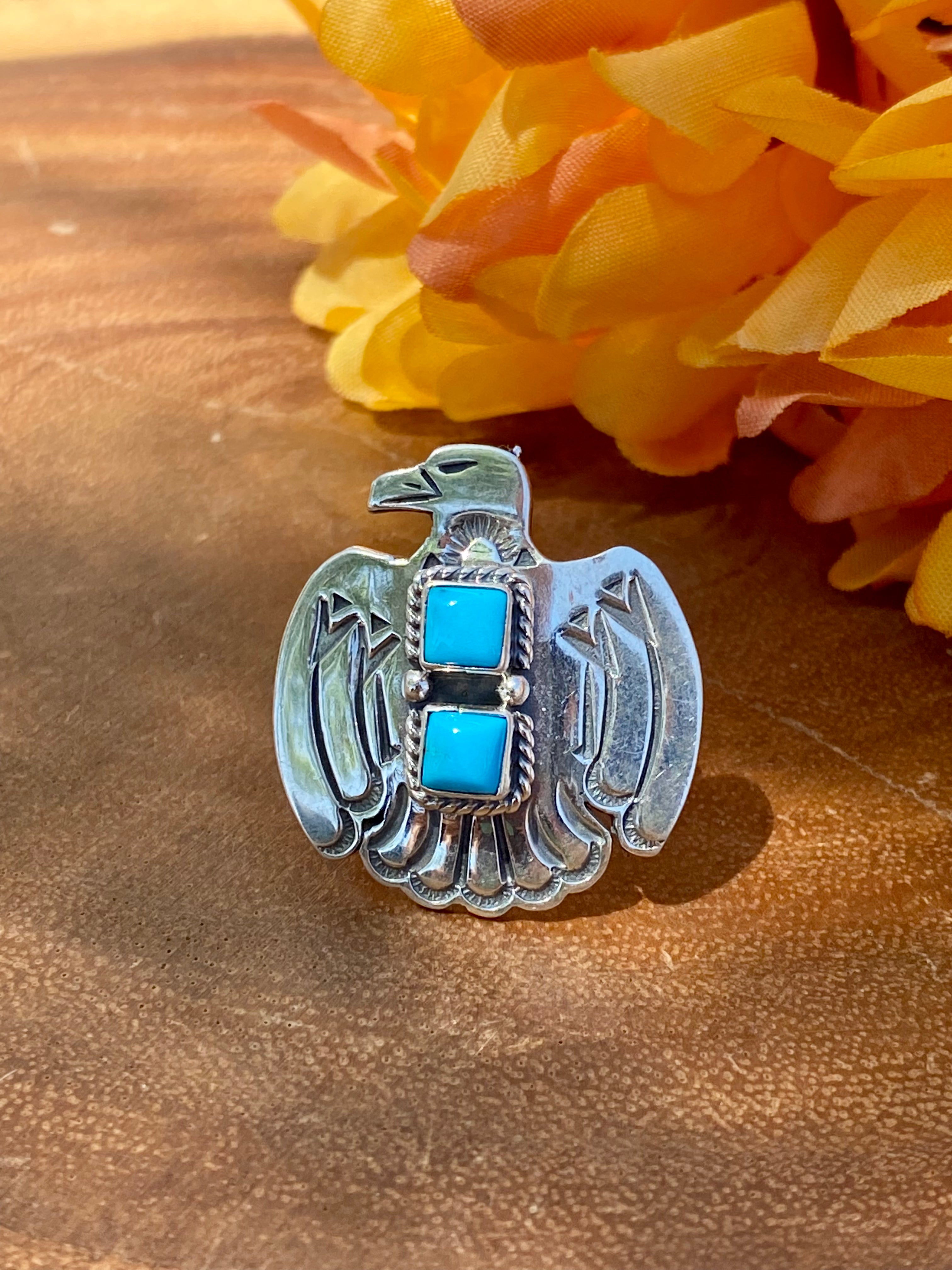 Navajo Made Sleeping Beauty Turquoise & Sterling Silver Thunderbird Ring Size 7.25