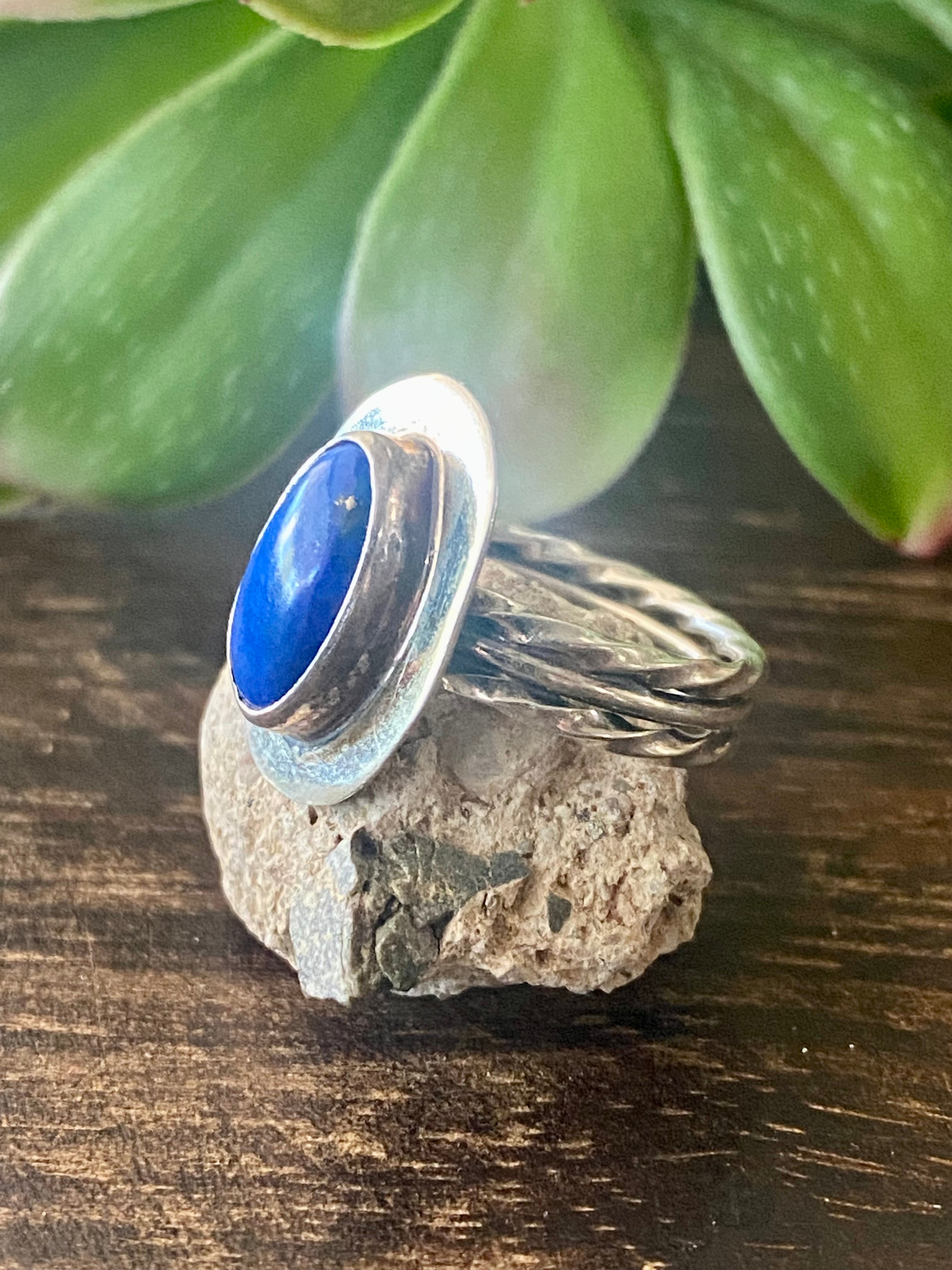 Navajo Made Lapis & Sterling Silver Ring Size 7.25