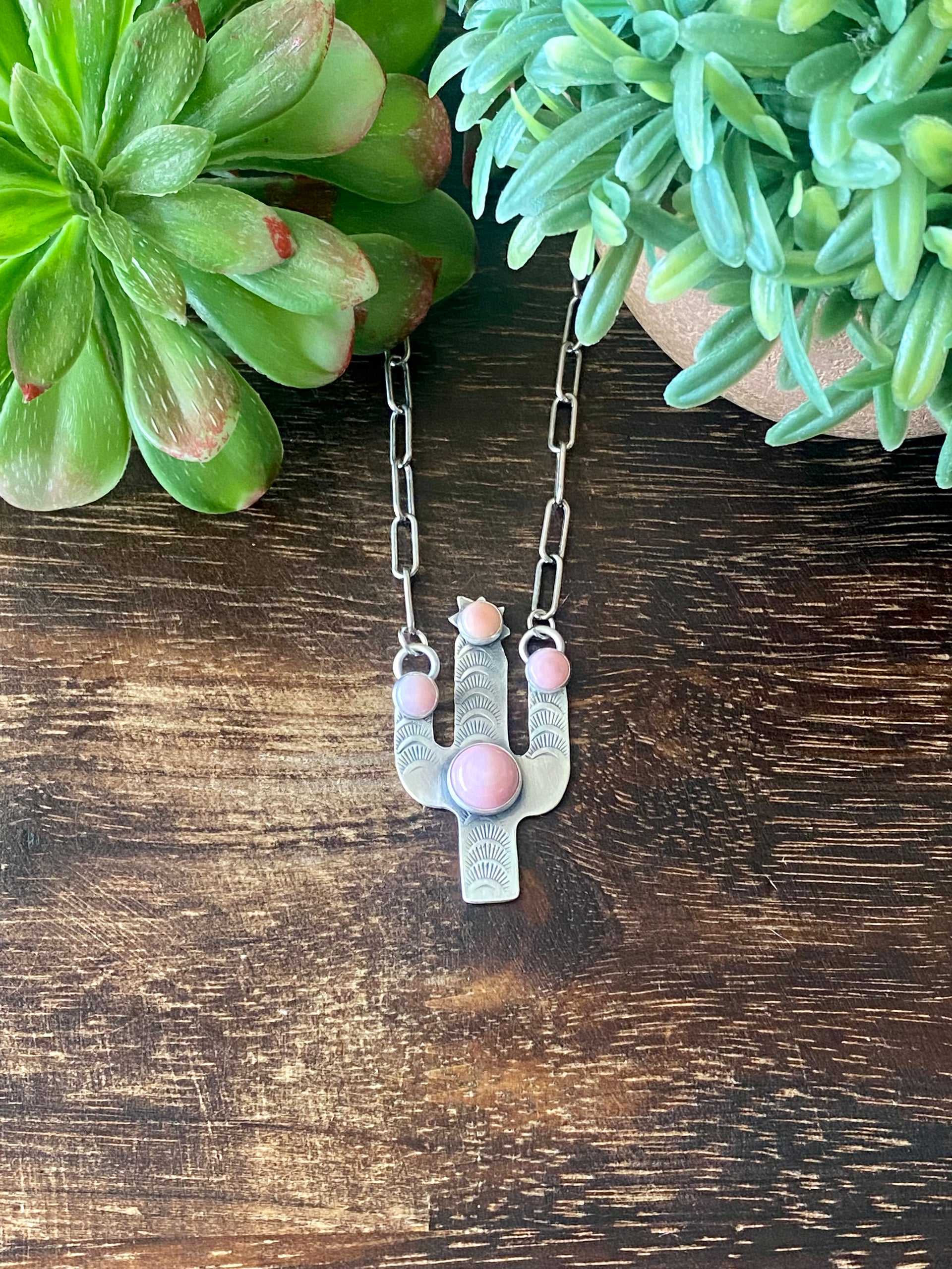 Tony Yazzie Pink Conch & Sterling Silver Sahuaro Necklace