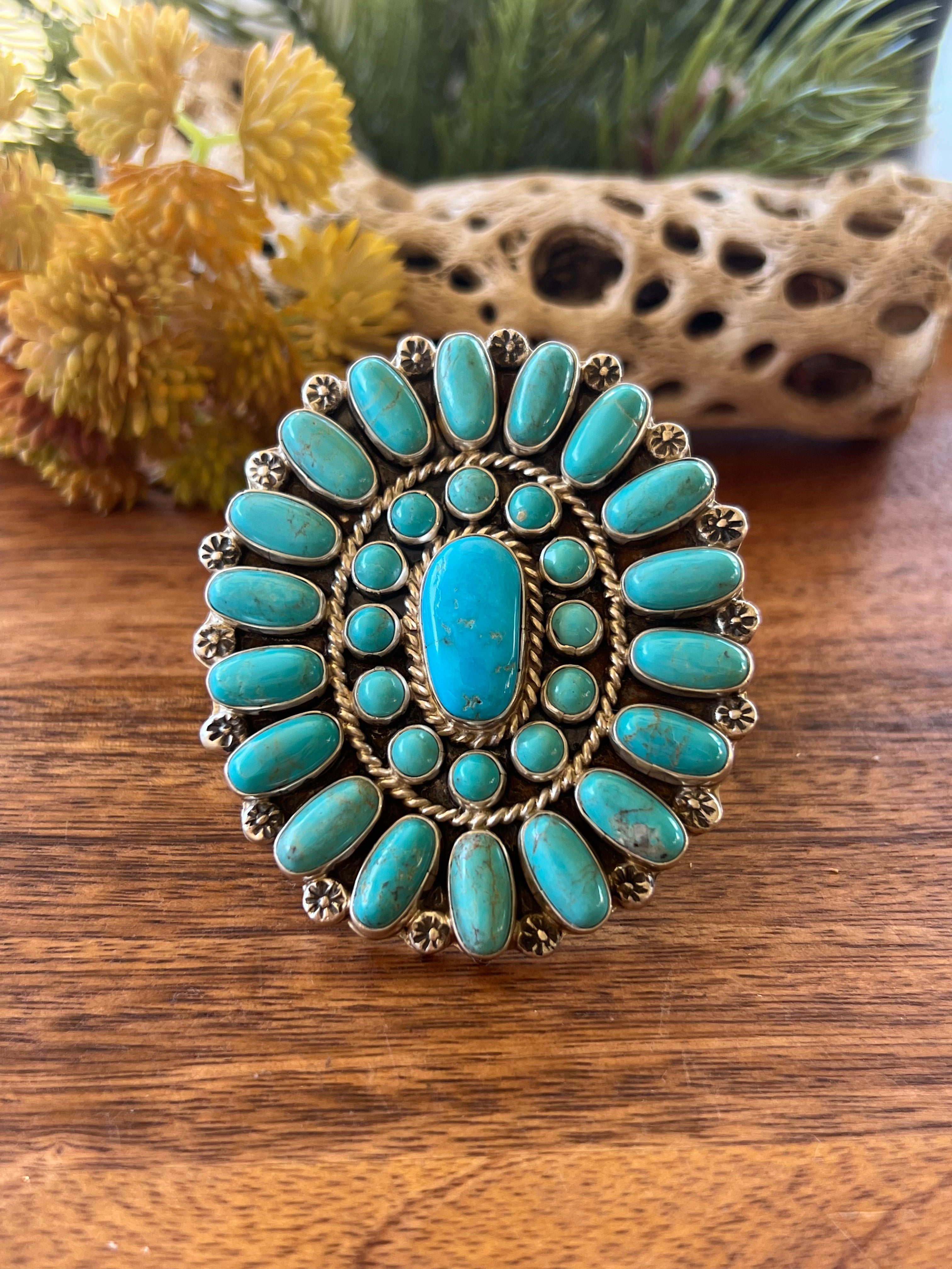 C. Yazzie Kingman Turquoise & Sterling Silver Cluster Ring Size 11