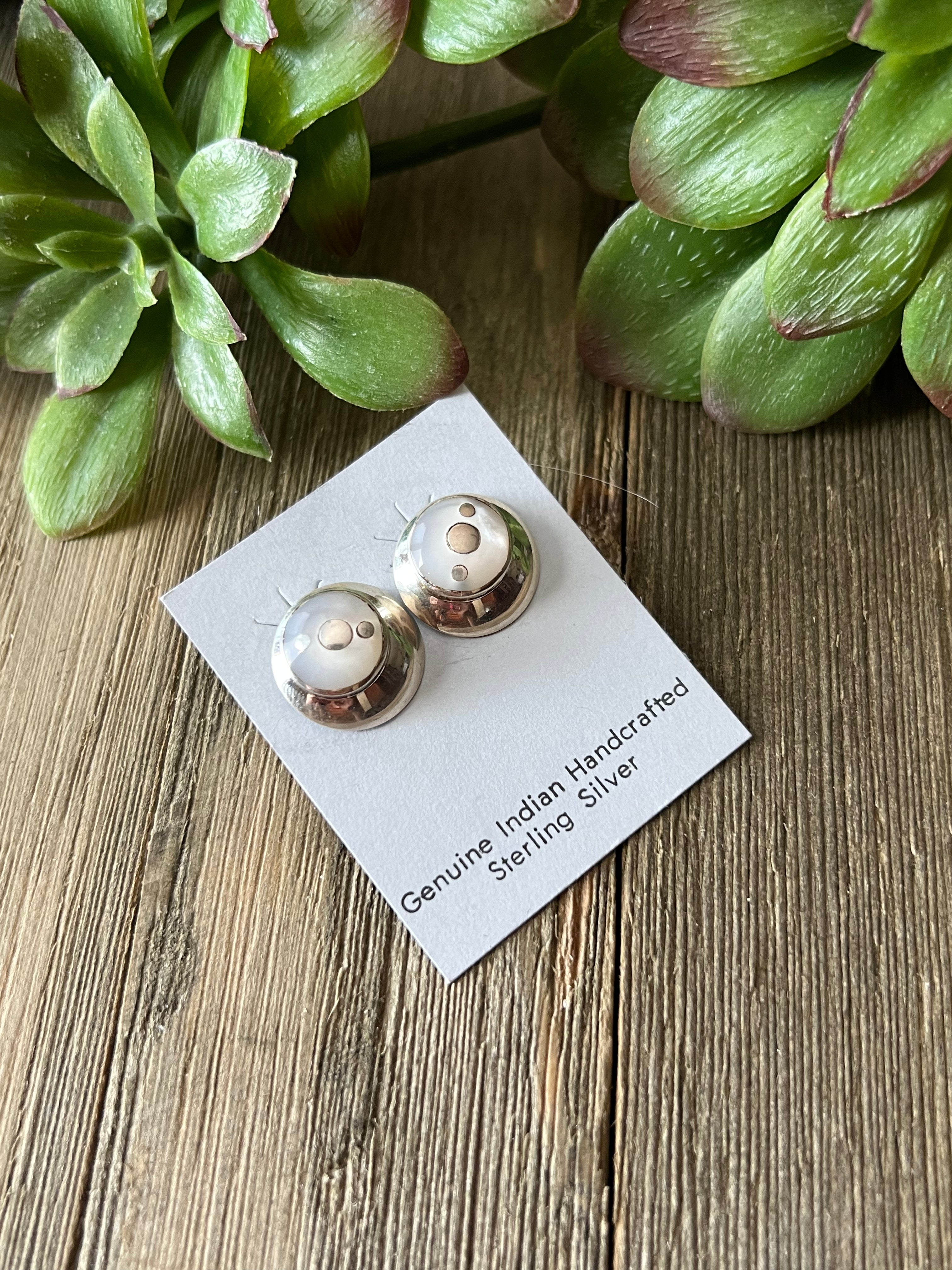 Navajo Made Mother Of Pearl & Sterling Silver Post Earrings