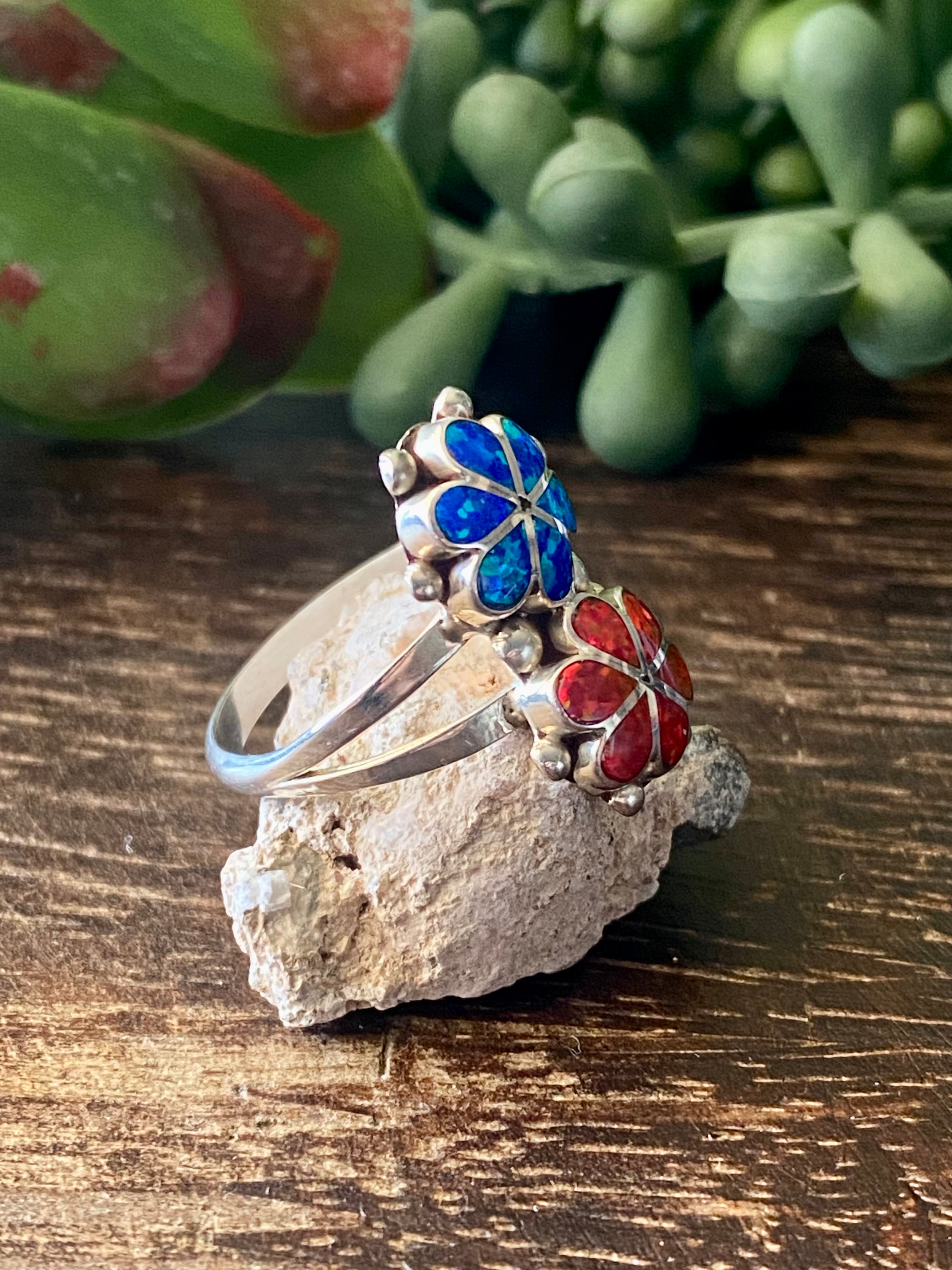 Zuni Made Opal & Sterling Silver Flower Inlay Rings