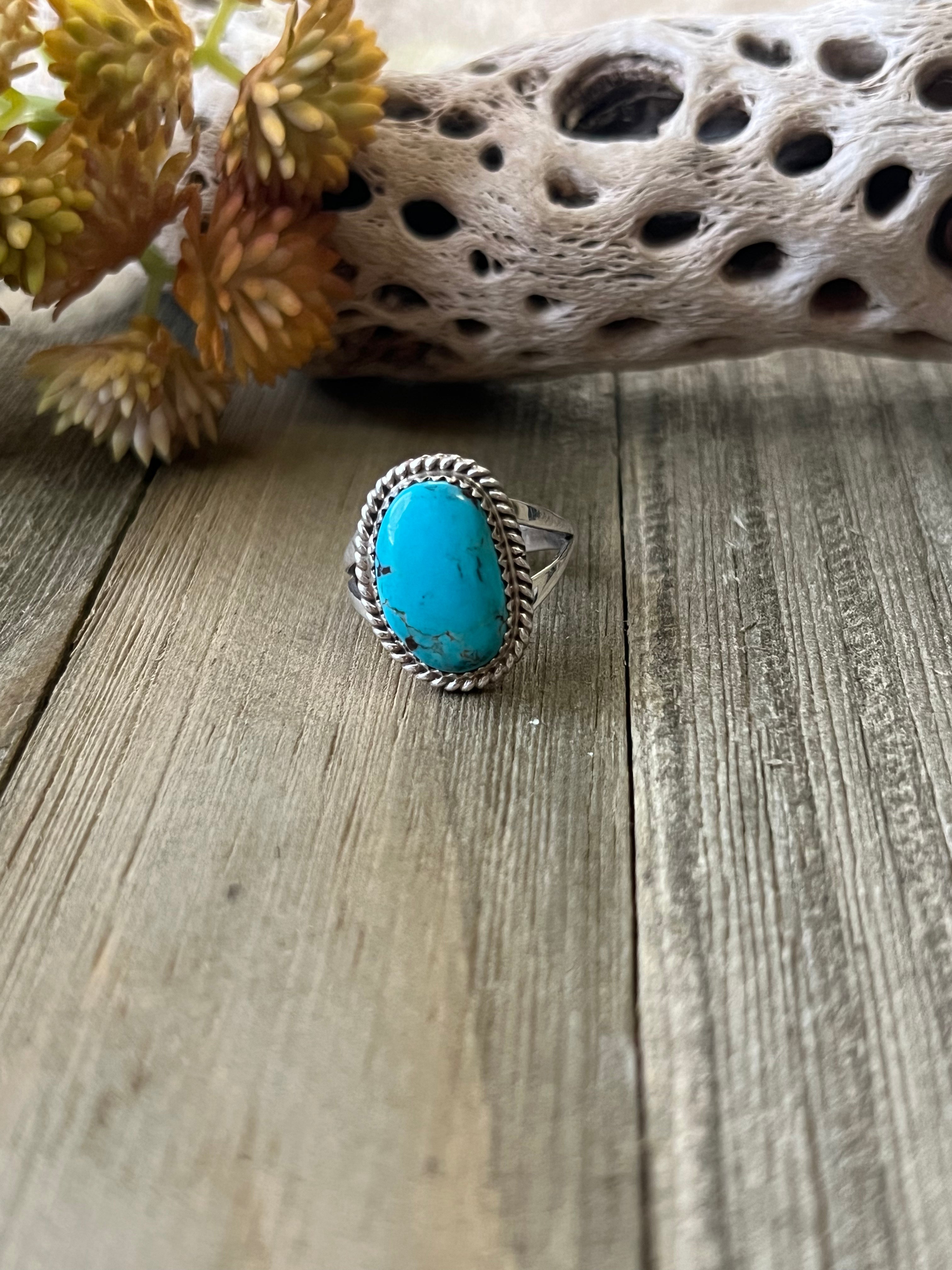 Navajo Made Kingman Turquoise & Sterling Silver Ring Size 8.25