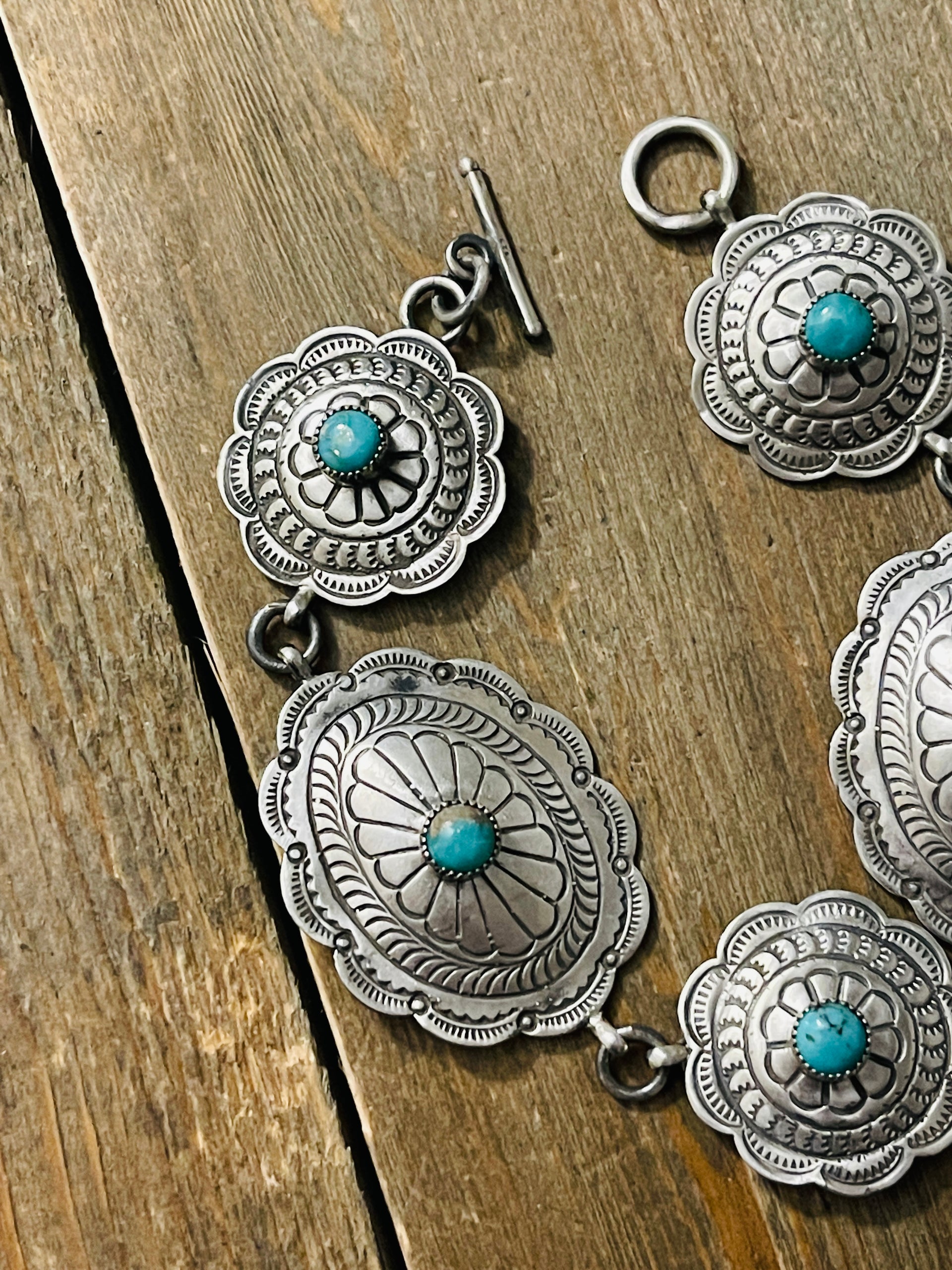 Bobby Francis Kingman Turquoise & Sterling Silver Concho Link Bracelet