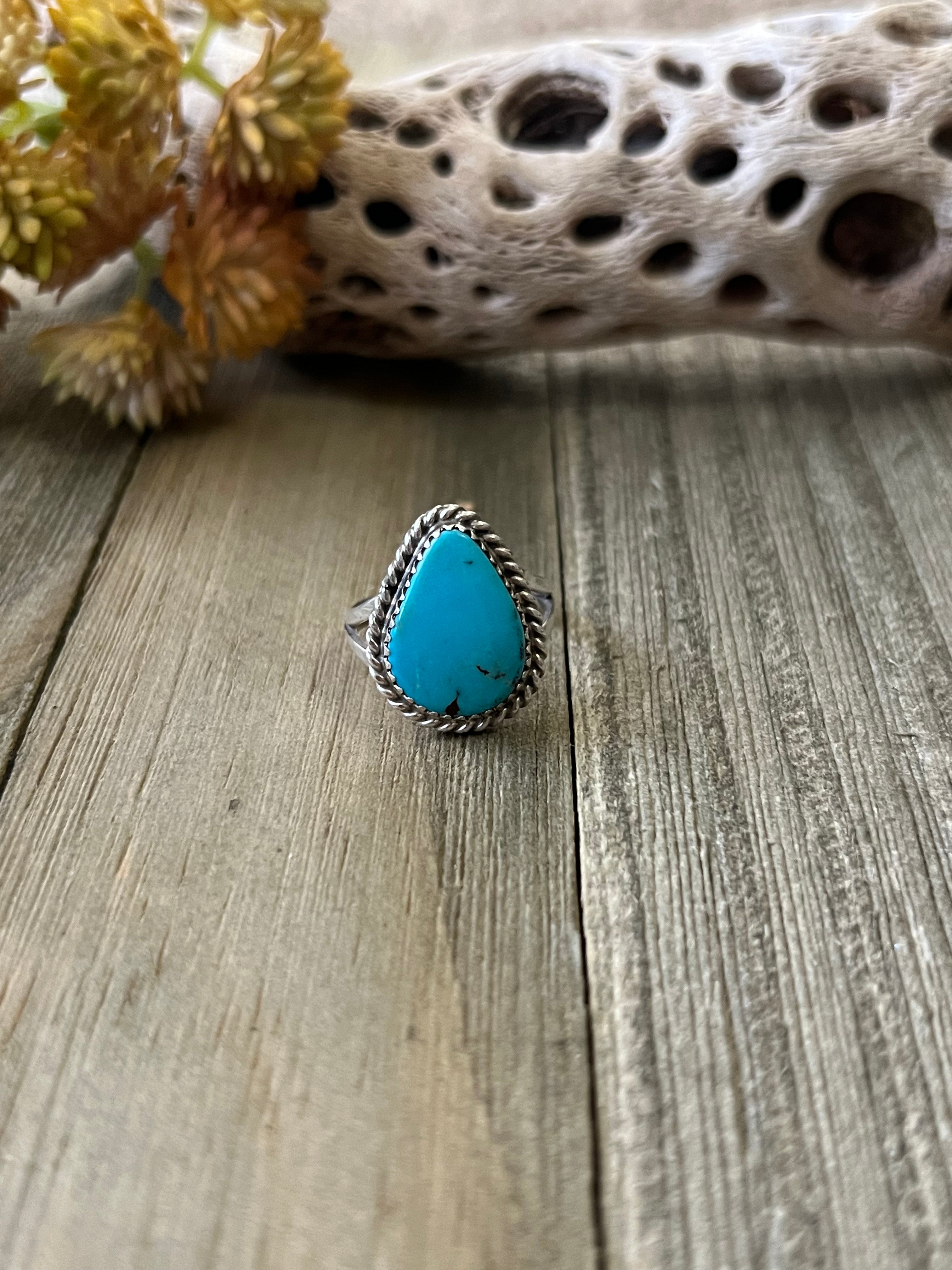 Navajo Made Kingman Turquoise & Sterling Silver Ring Size 7.5