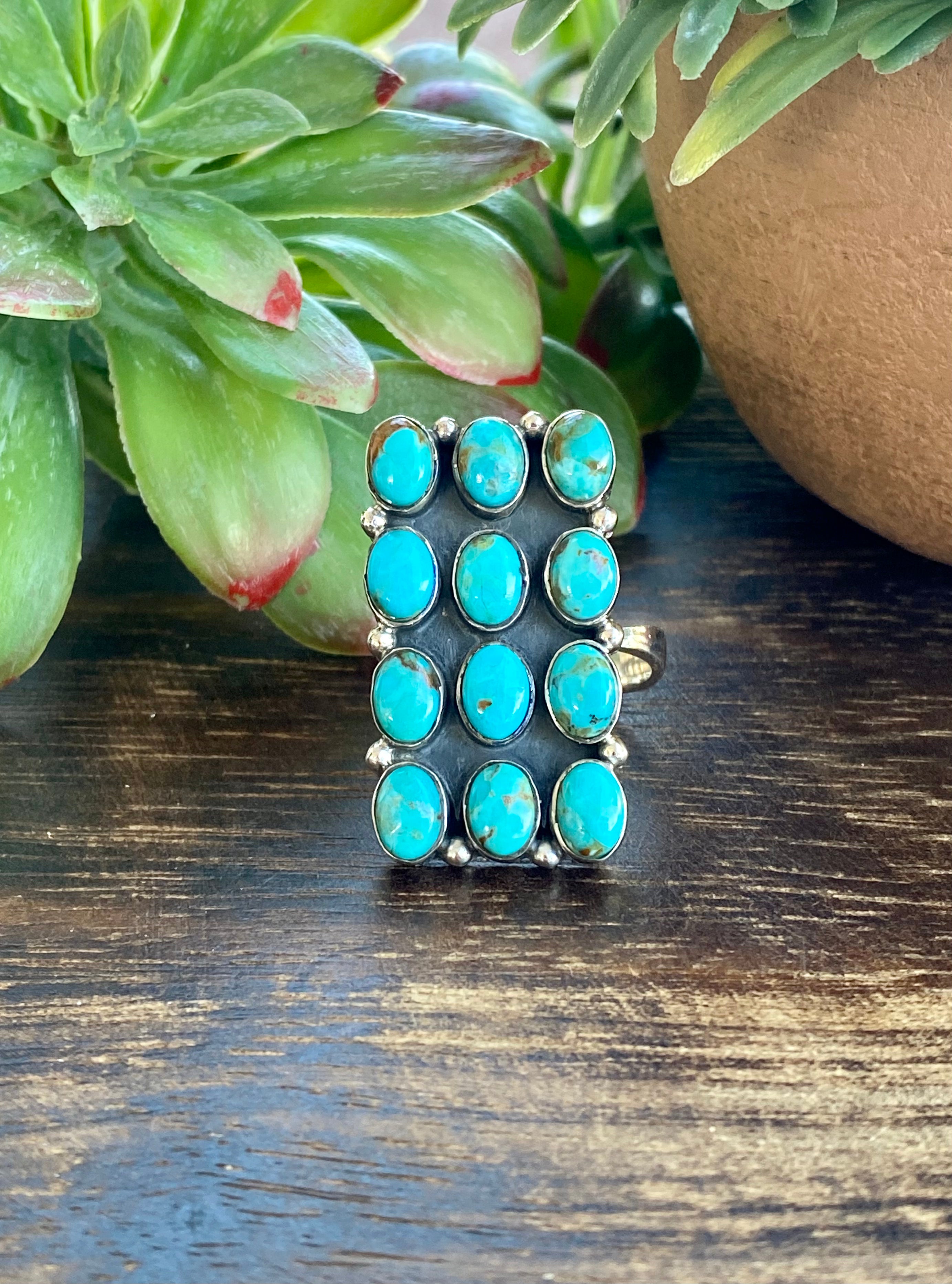 Southwest Handmade Kingman Turquoise & Sterling Silver Adjustable Cluster Rings