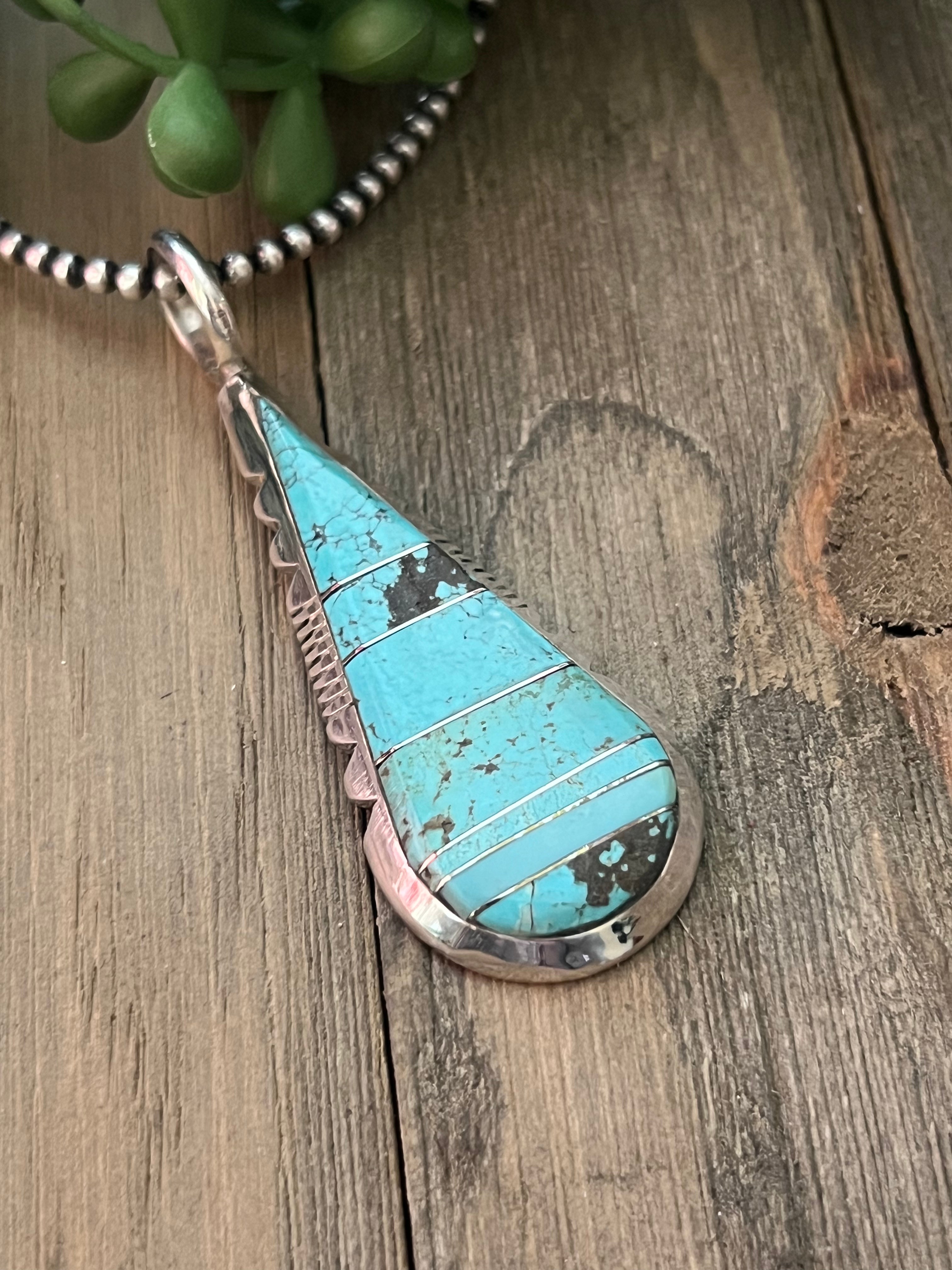 Navajo Made #8 Turquoise & Sterling Silver Inlay Pendant