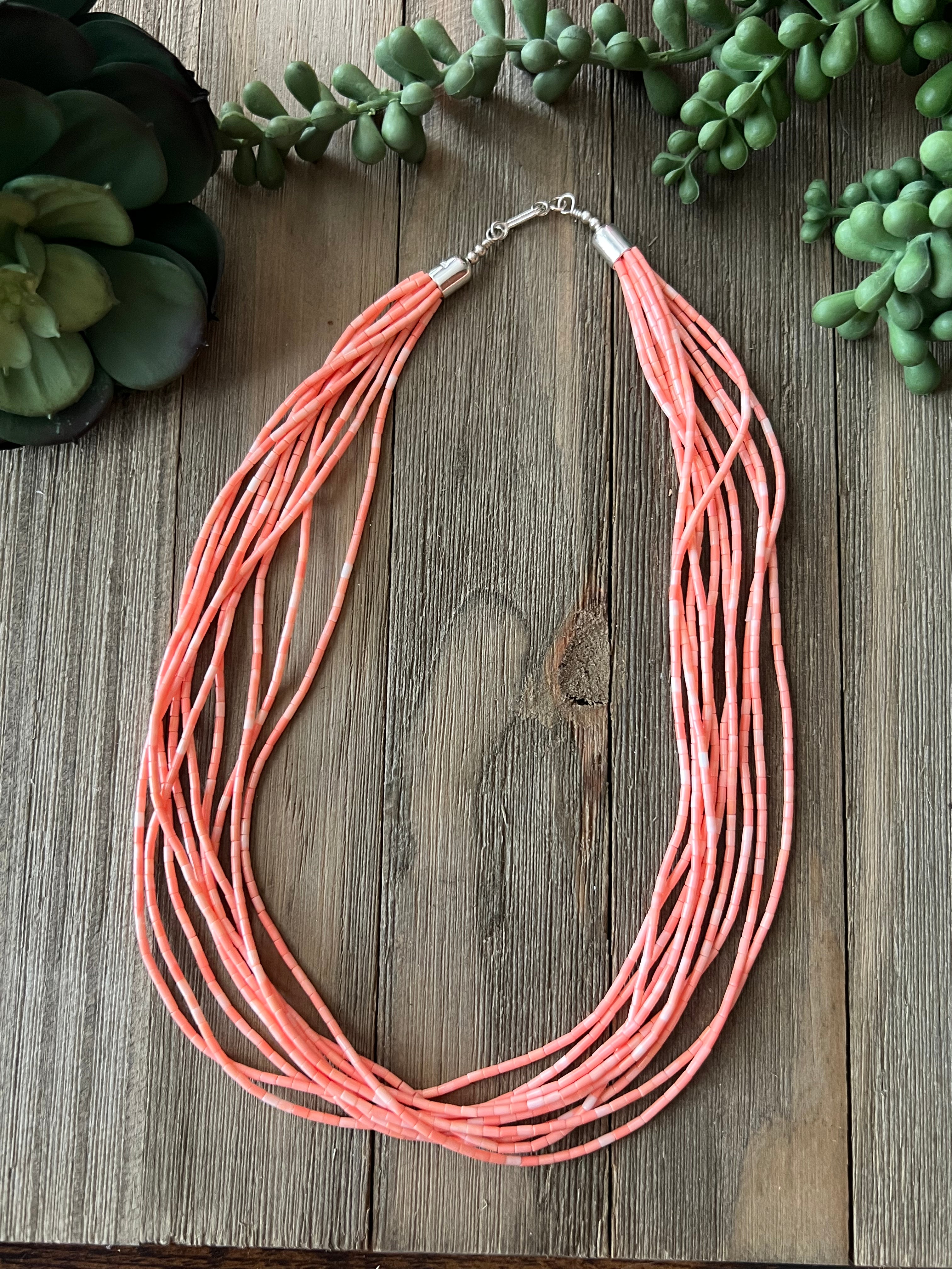 Navajo Strung Pink Salmon Coral & Sterling Silver Beaded Layered Necklace